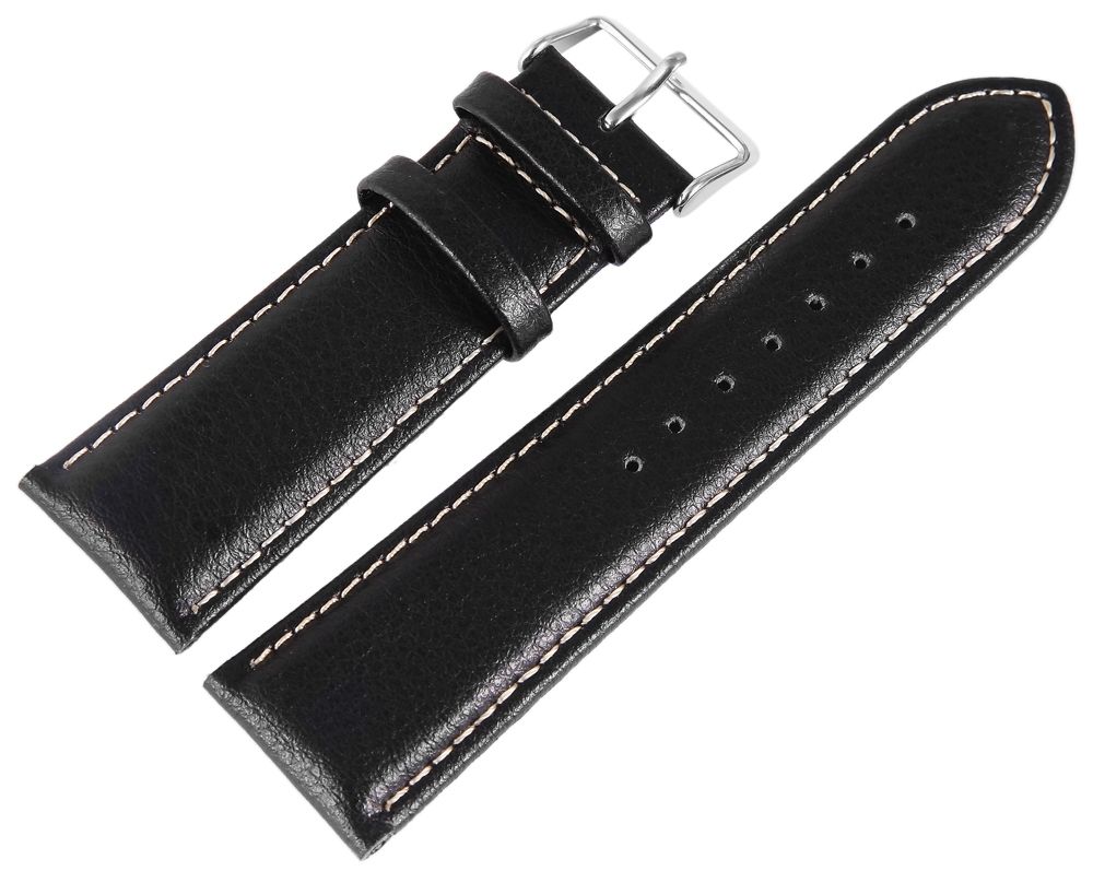 Echtleder Uhrenarmband, Edelstahl Dornschließe, schwarz mit weißer Naht, 24 mm