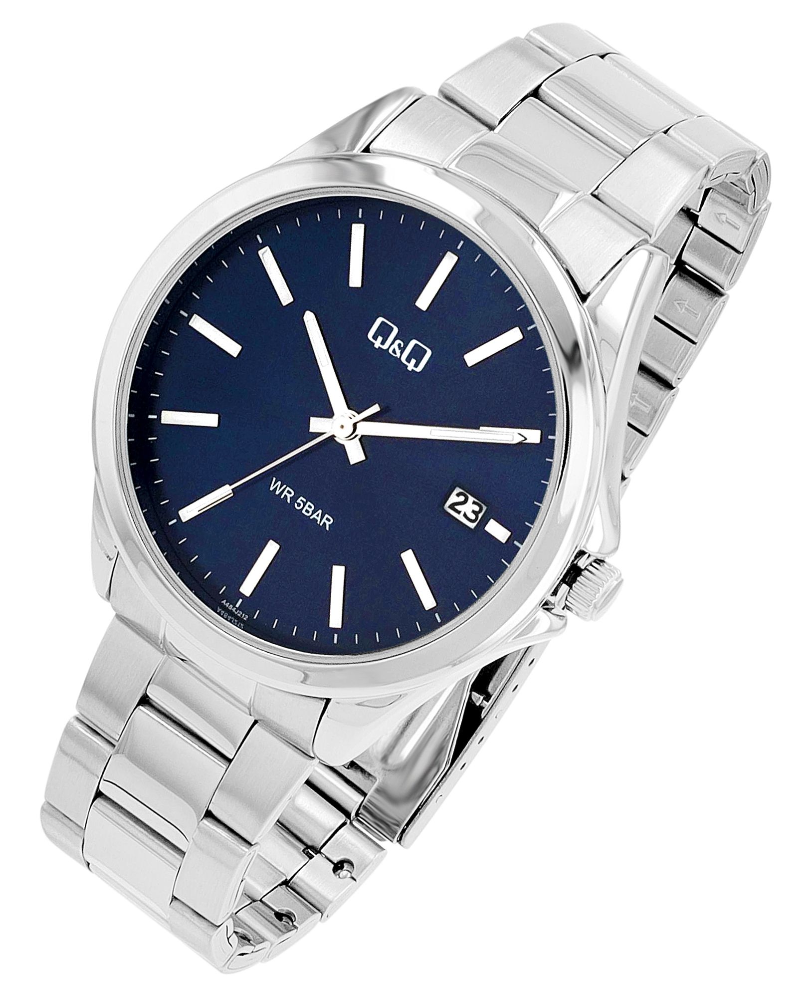 Q&Q Herrenuhr mit Edelstahlarmband, 5 ATM, Datumsanzeige, silberfarben/ZB blau