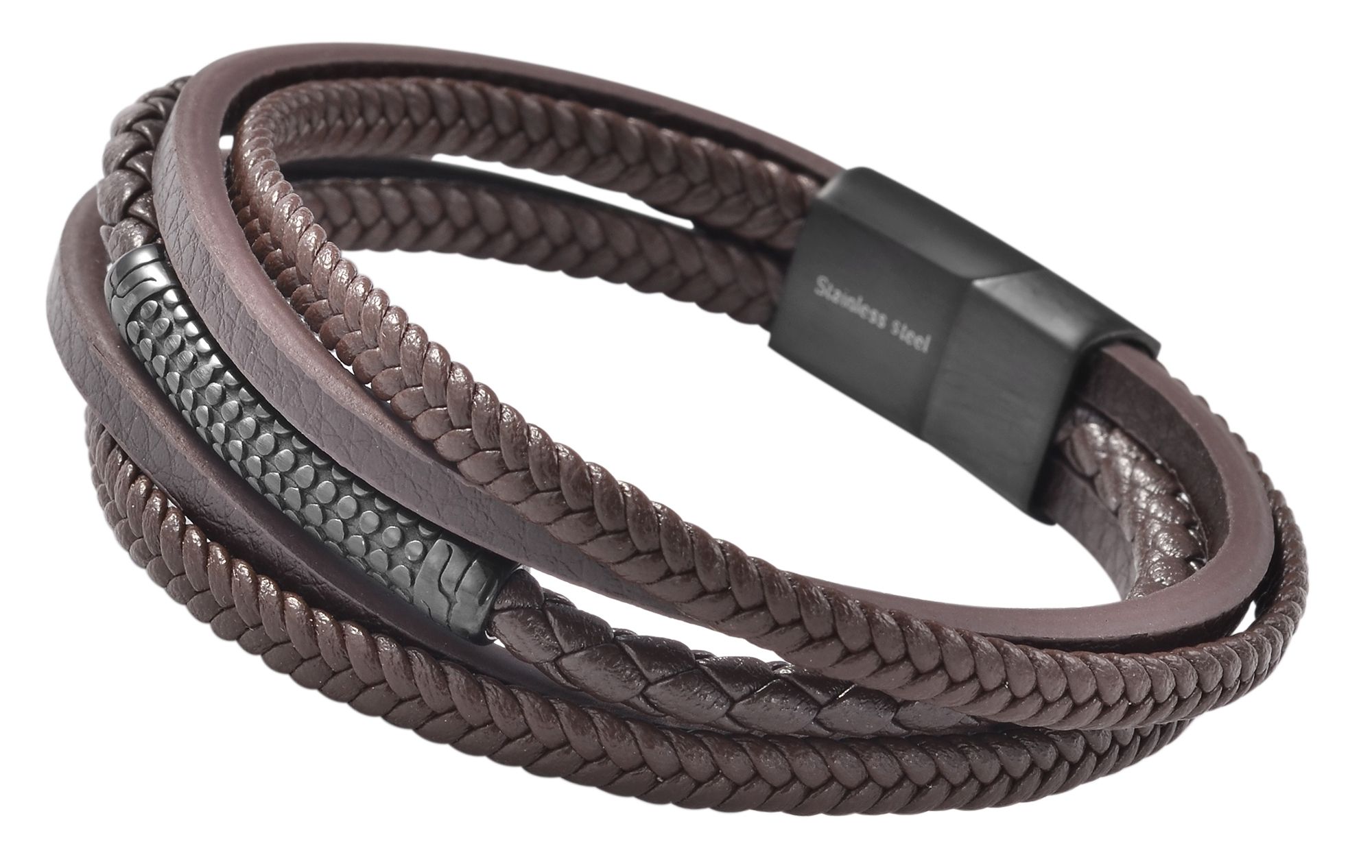 Akzent Armband aus Lederimitation mit Edelstahlelement, Ionenplattiert, dunkelbraun/schwarz, 19 cm