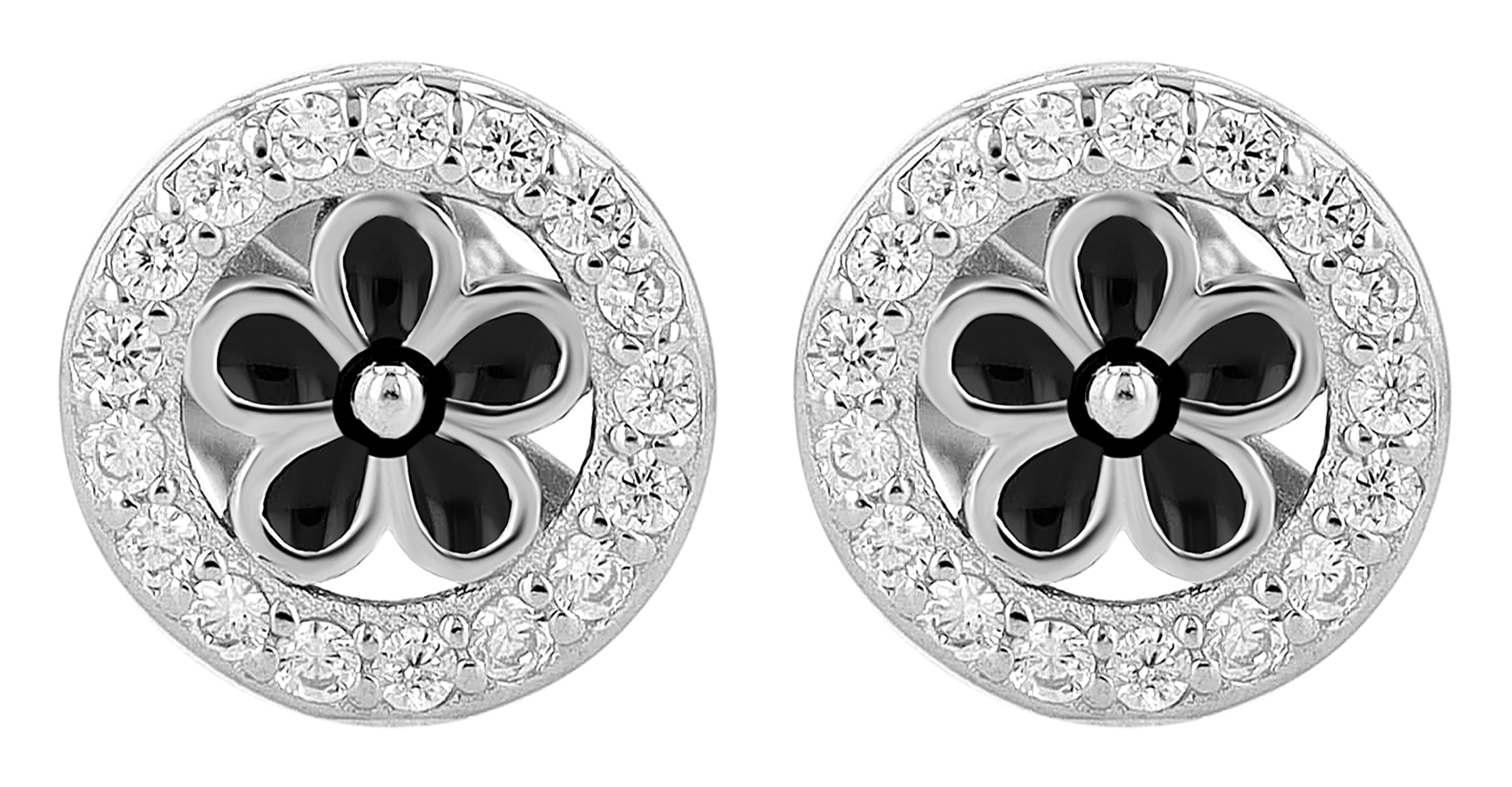 "Lucretia", 925/- Echt Silber Ohrstecker - Blume, silberfarben rhodiniert/ schwarz