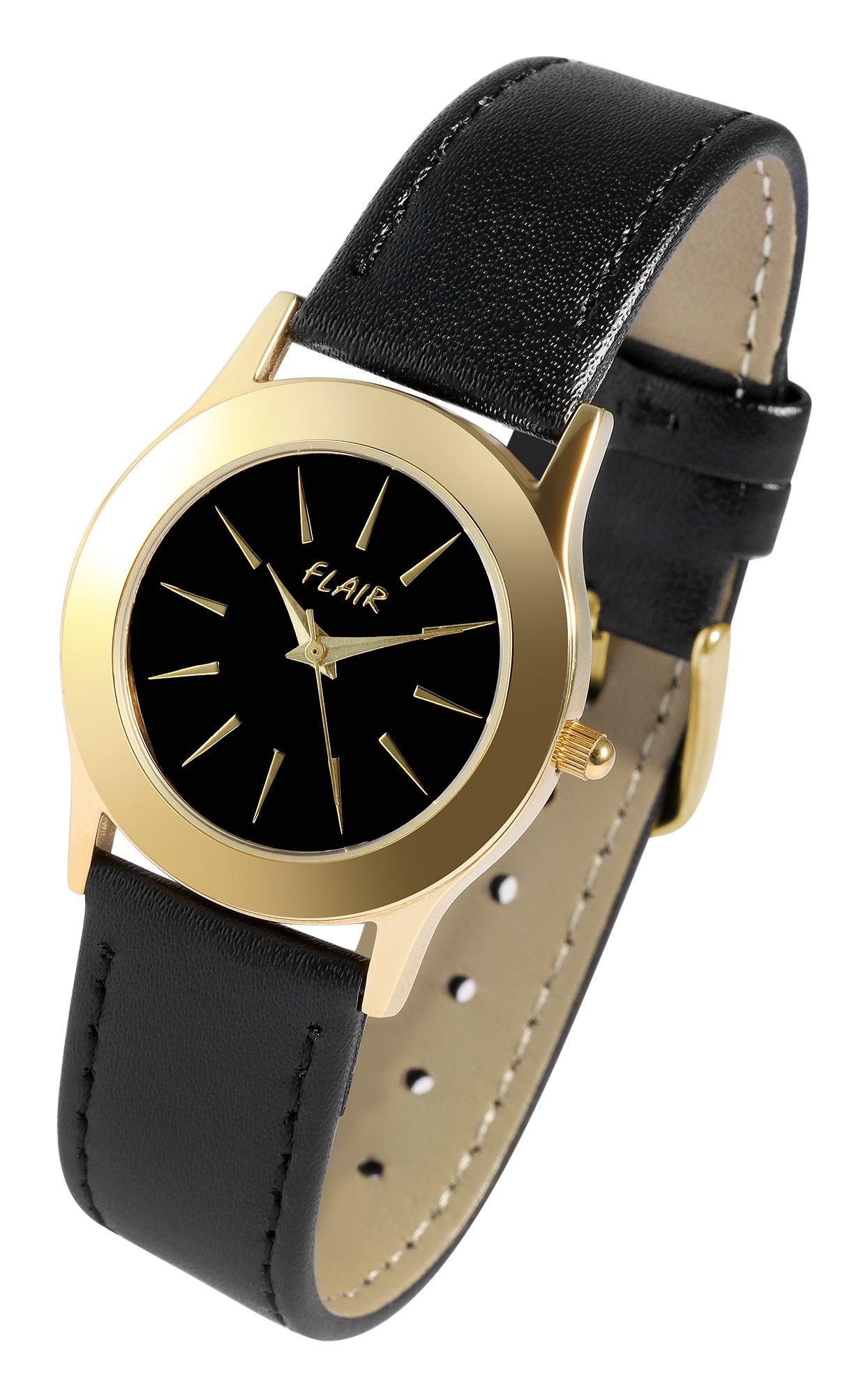 Flair Damenuhr mit Echtlederarmband, 5 ATM, schwarz/goldfarben
