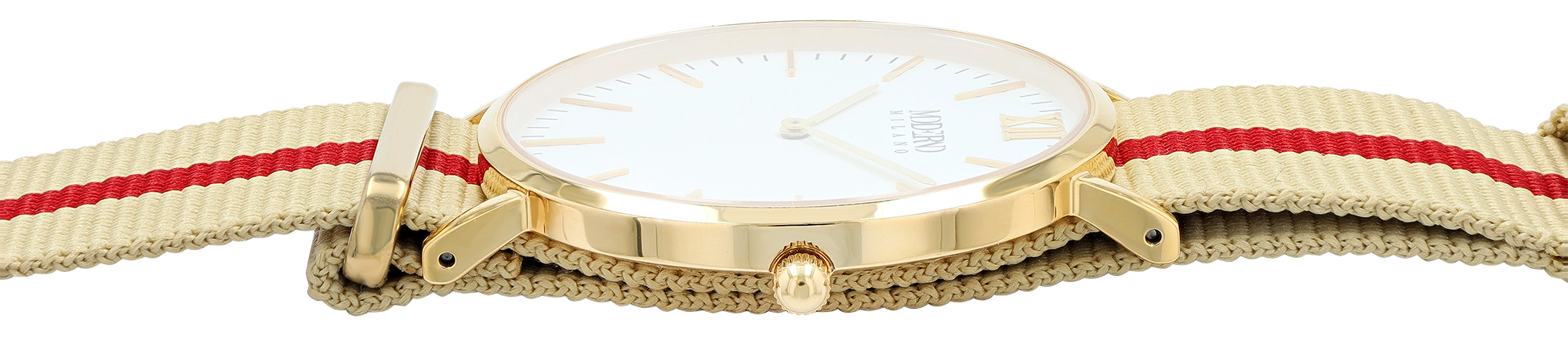 Moderno Milano Edelstahl Herrenuhr 41 mm, Saphirglas & Nylon-NATO-Band (beige-rot), goldfarben