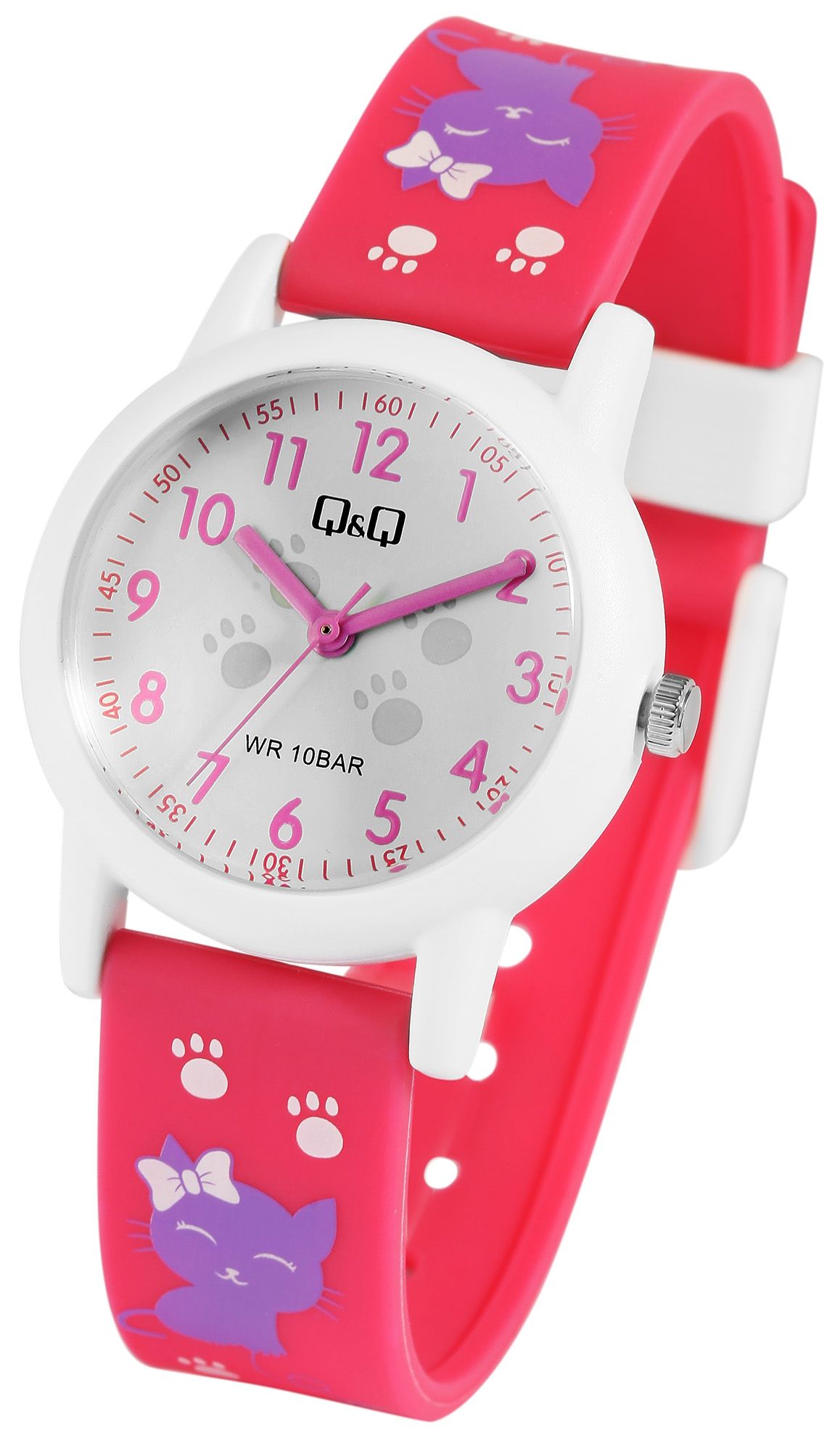 Q&Q Kinderuhr, Kunststoff, Silikonarmband, Katze, 10 ATM, Ø 32 mm