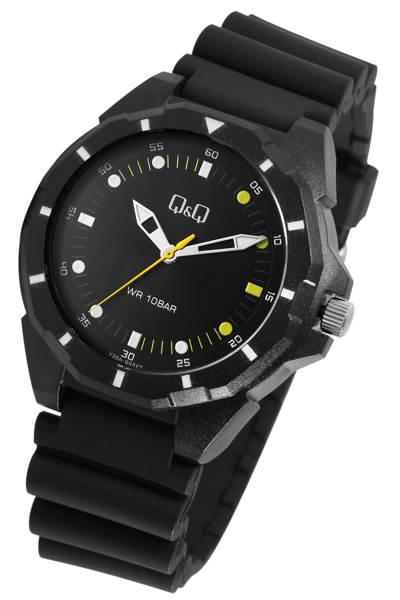 Q&Q Herrenuhr mit Resinband, Ø 43 mm, schwarz (gelb)