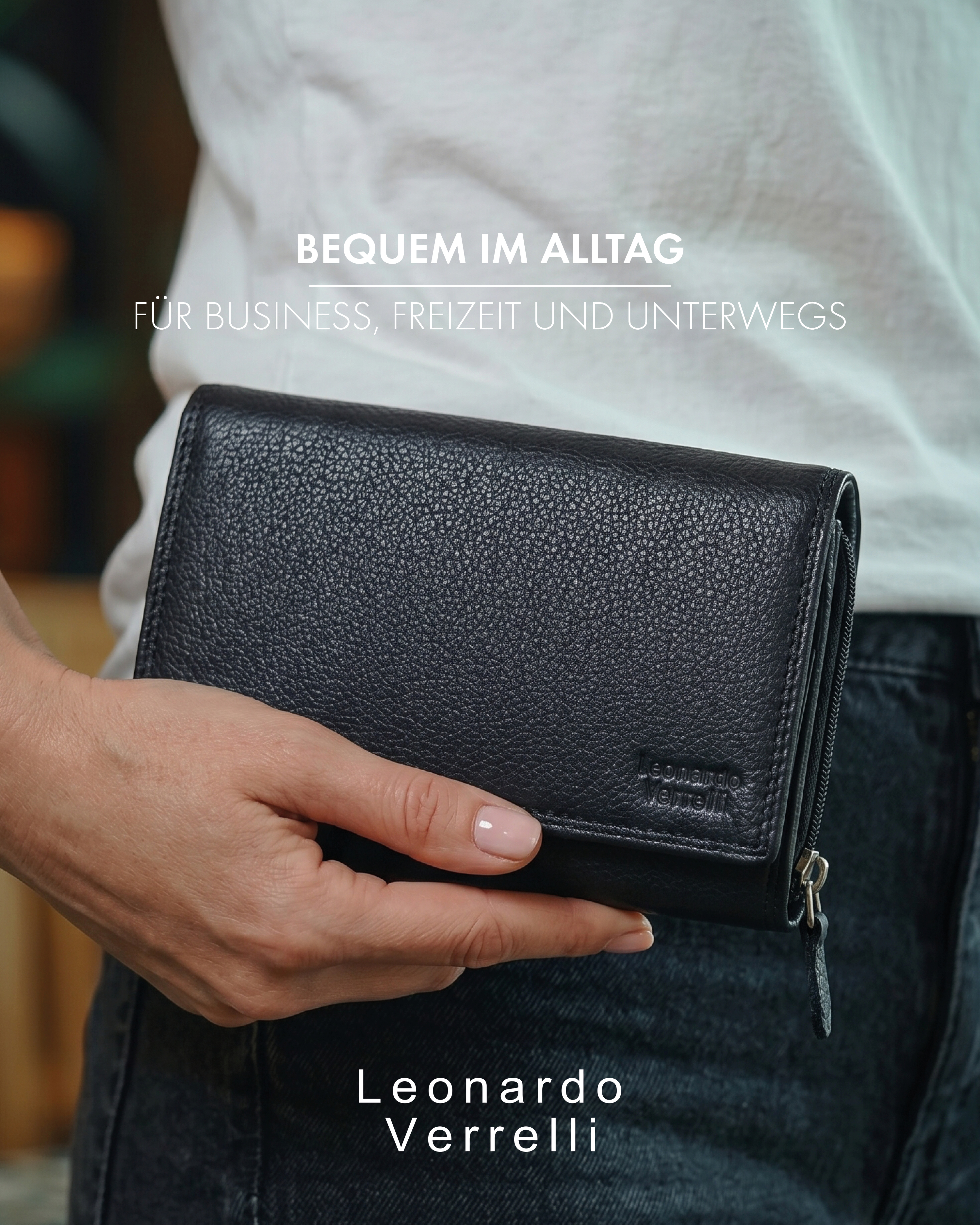 Leonardo Verrelli Damen Geldbörse, Echtleder (Nappa), RFID, Querformat, schwarz