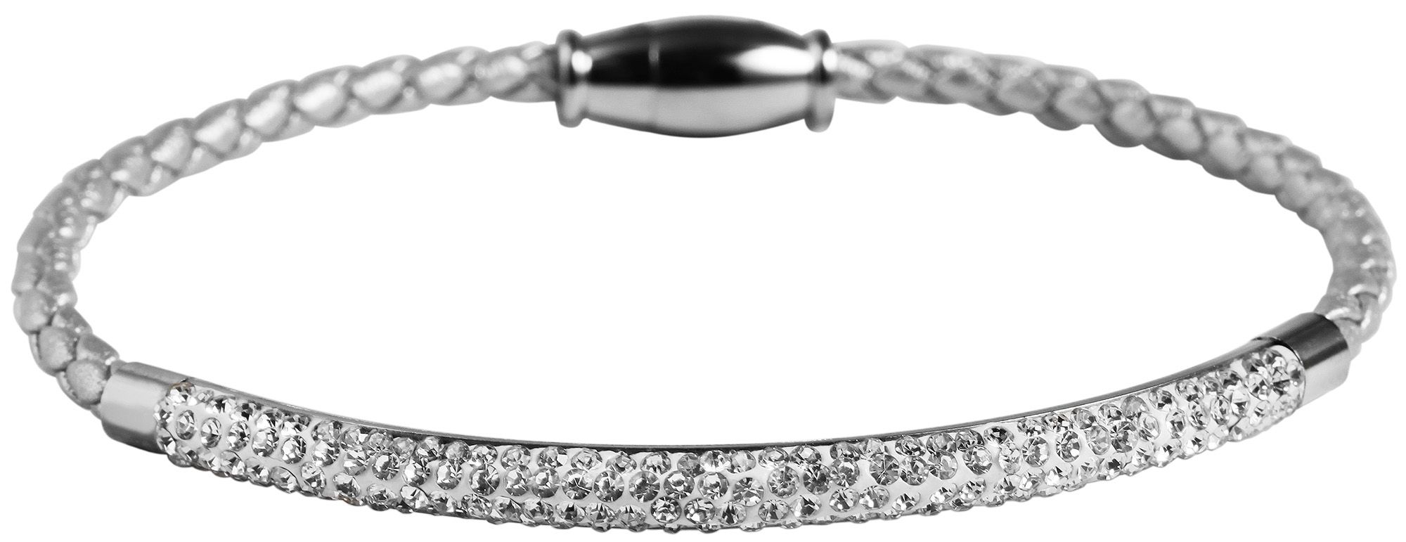 Akzent Armband aus geflochtenem Lederimitat und Edelstahlelementen, Similibesatz, silberfarben