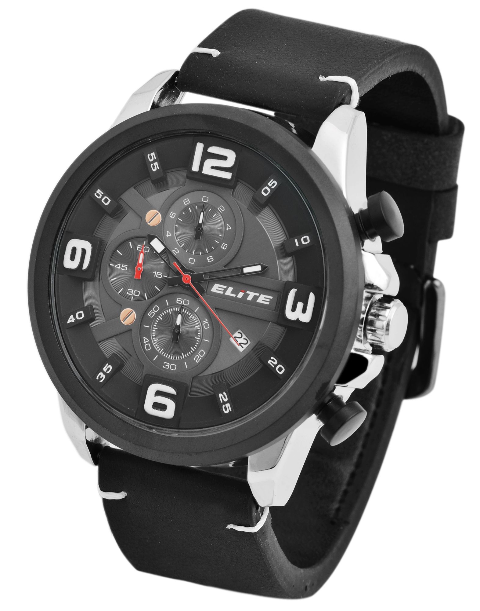 Elite Herren Chronograph mit Lederimitationsband, 3ATM, Schwarz