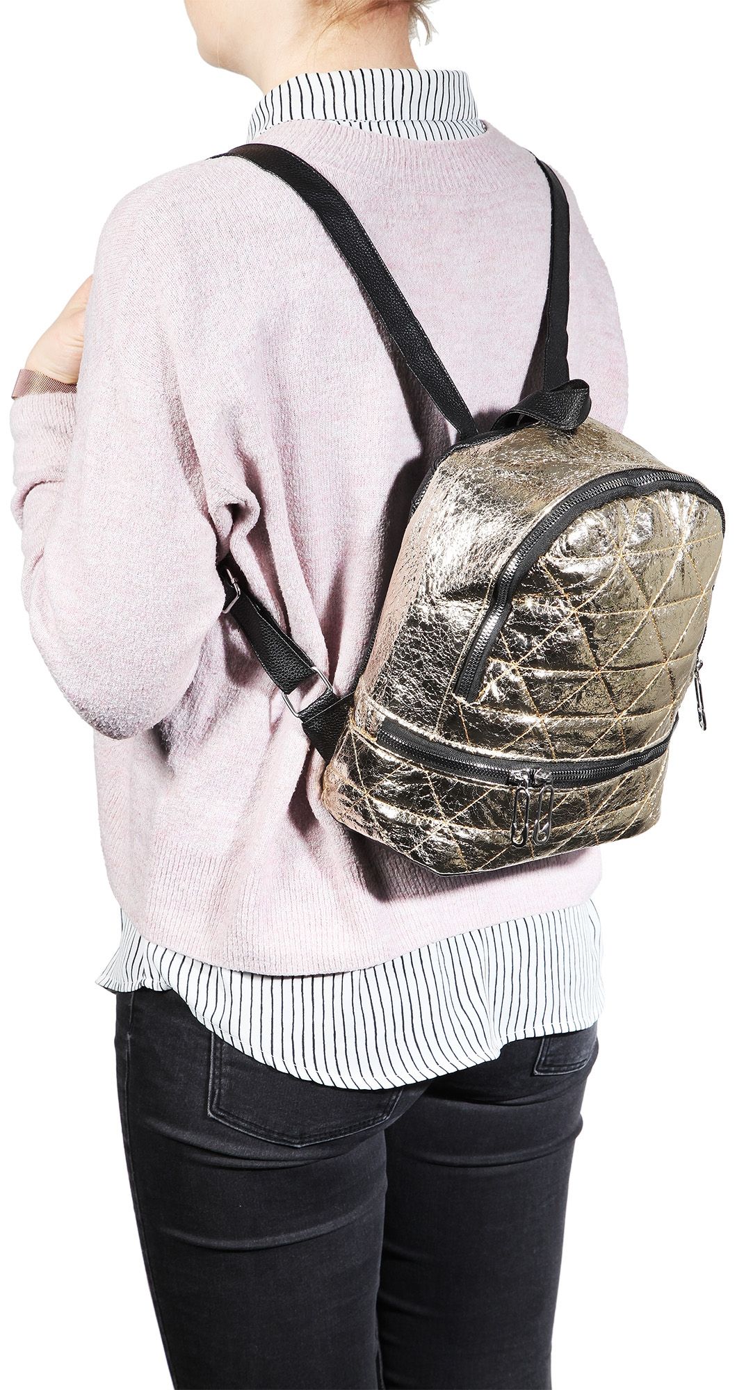 Damen-Rucksack aus Lederimitat, goldfarbig, schwarz, Länge: 26 cm / Breite: 23,5 cm / Stärke: 11,5 cm