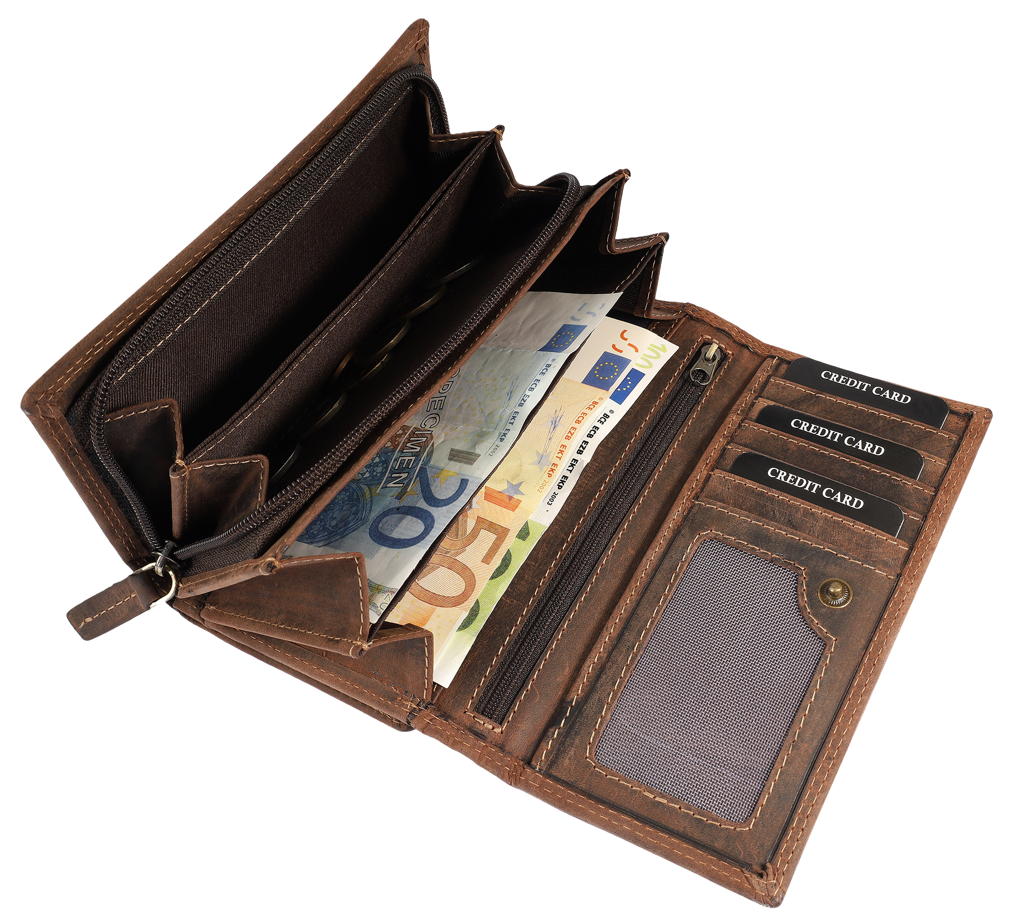 Leonardo Verrelli, Echtleder (Vintage) Damen Geldbörse, länglich & RFID, braun