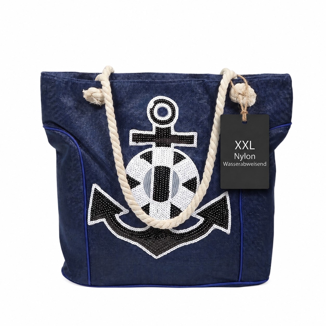 Strandtasche aus Nylon, Ankermotiv aus Pailletten, blau