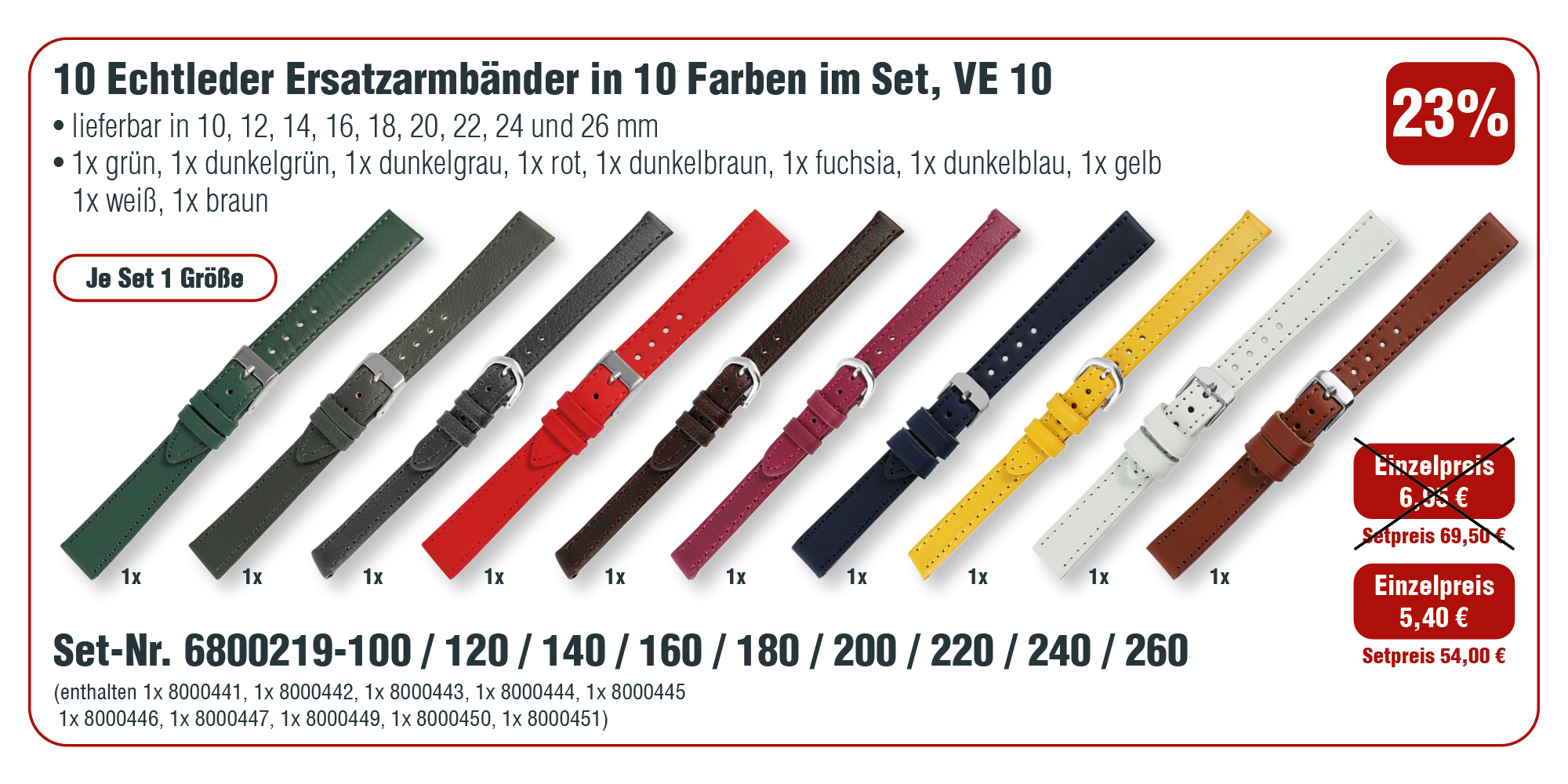 10  Echt Leder Ersatzuhrenarmbänder in 10 Farben im Set, VE 10