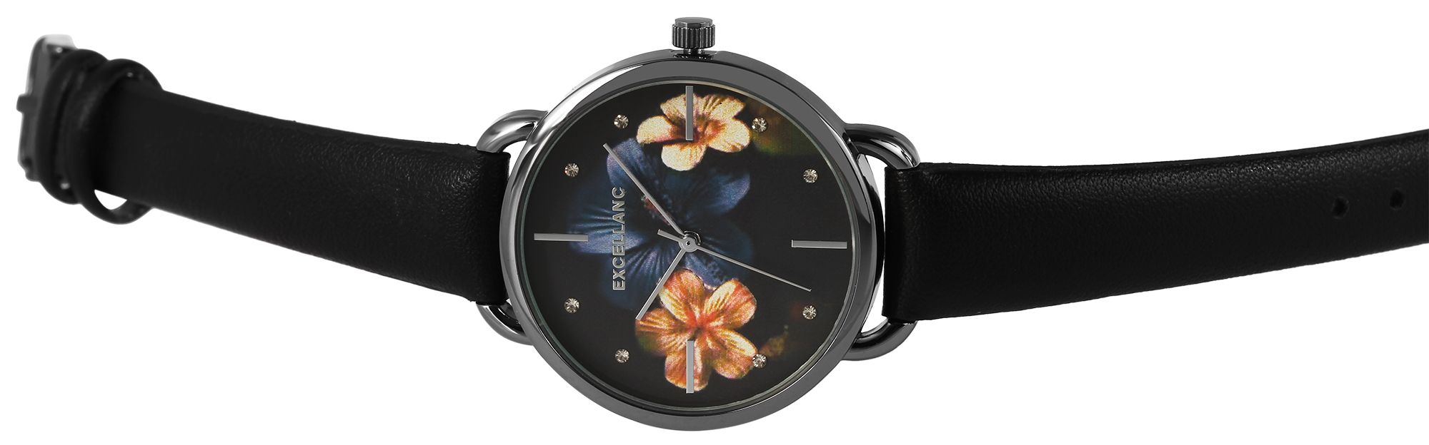Excellanc Damenuhr mit Lederimitationsarmband, floral, schwarz