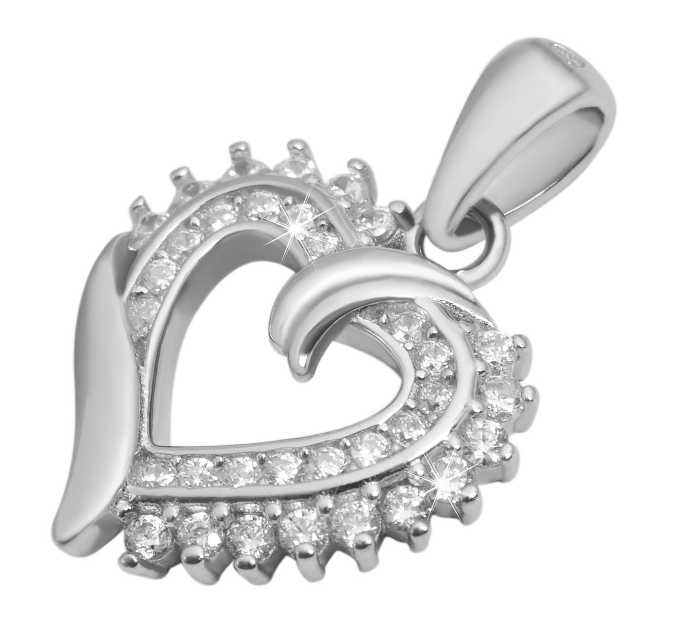 925/- Echt Silber Anhänger ohne Kette "Rana", Herz mit gefassten Zirkoniasteinen, 925/rhodiniert