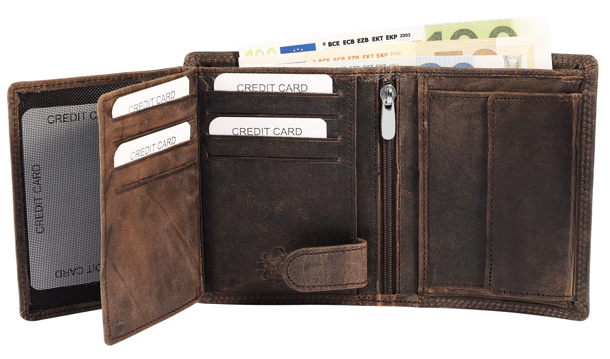 Akzent Echt Leder (Hunter-Leder) Geldbörse, RFID, Hochformat, "Segelschiff", dunkelbraun