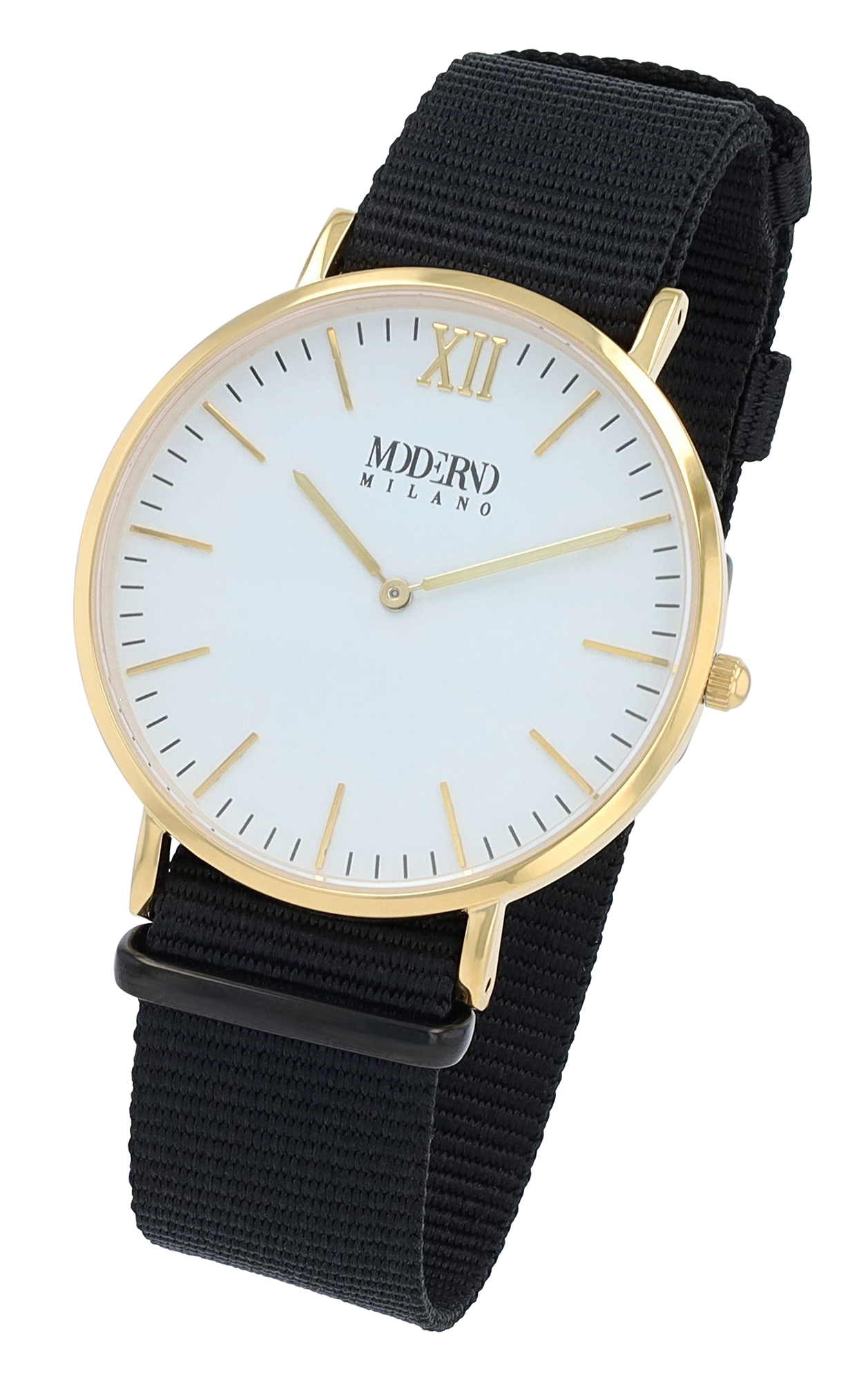 Moderno Milano Edelstahl Herrenuhr 41 mm, Saphirglas & Nylon-NATO-Band (schwarz), goldfarben