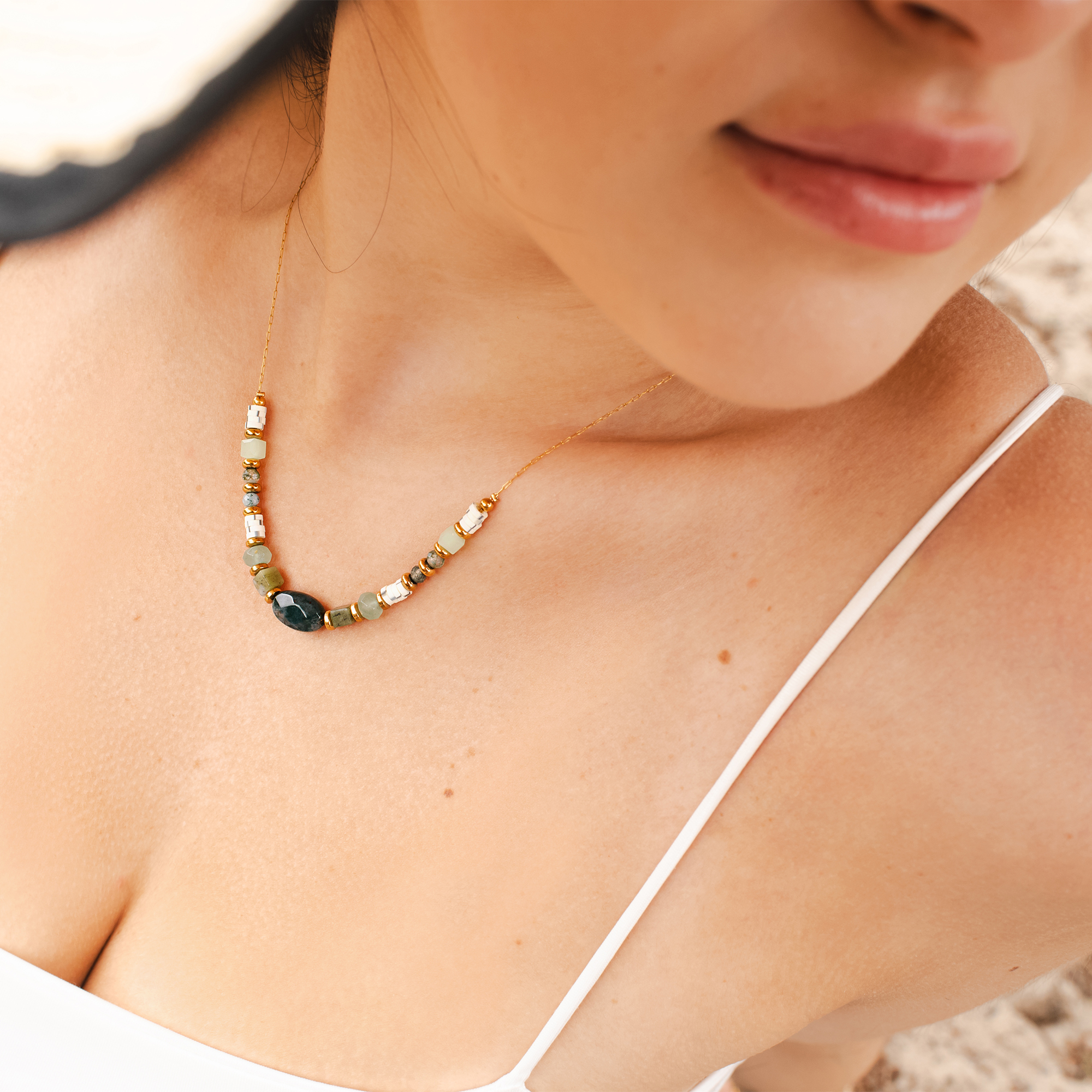 "Lowyse" Edelstahlkette mit Naturstein (indische Achat) 42 + 3 cm