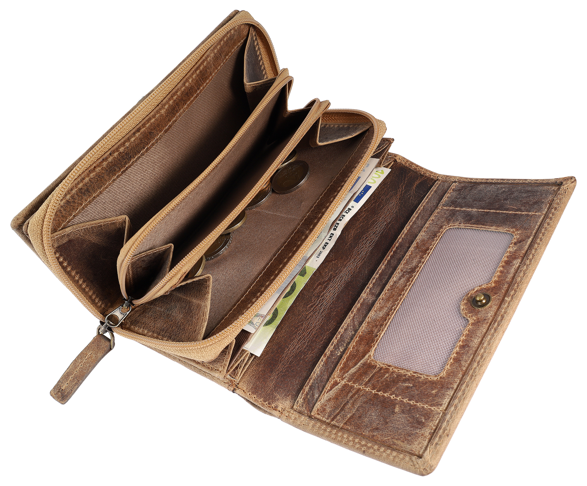 Leonardo Verrelli, Echtleder (Vintage) Damen Geldbörse, länglich & RFID, braun