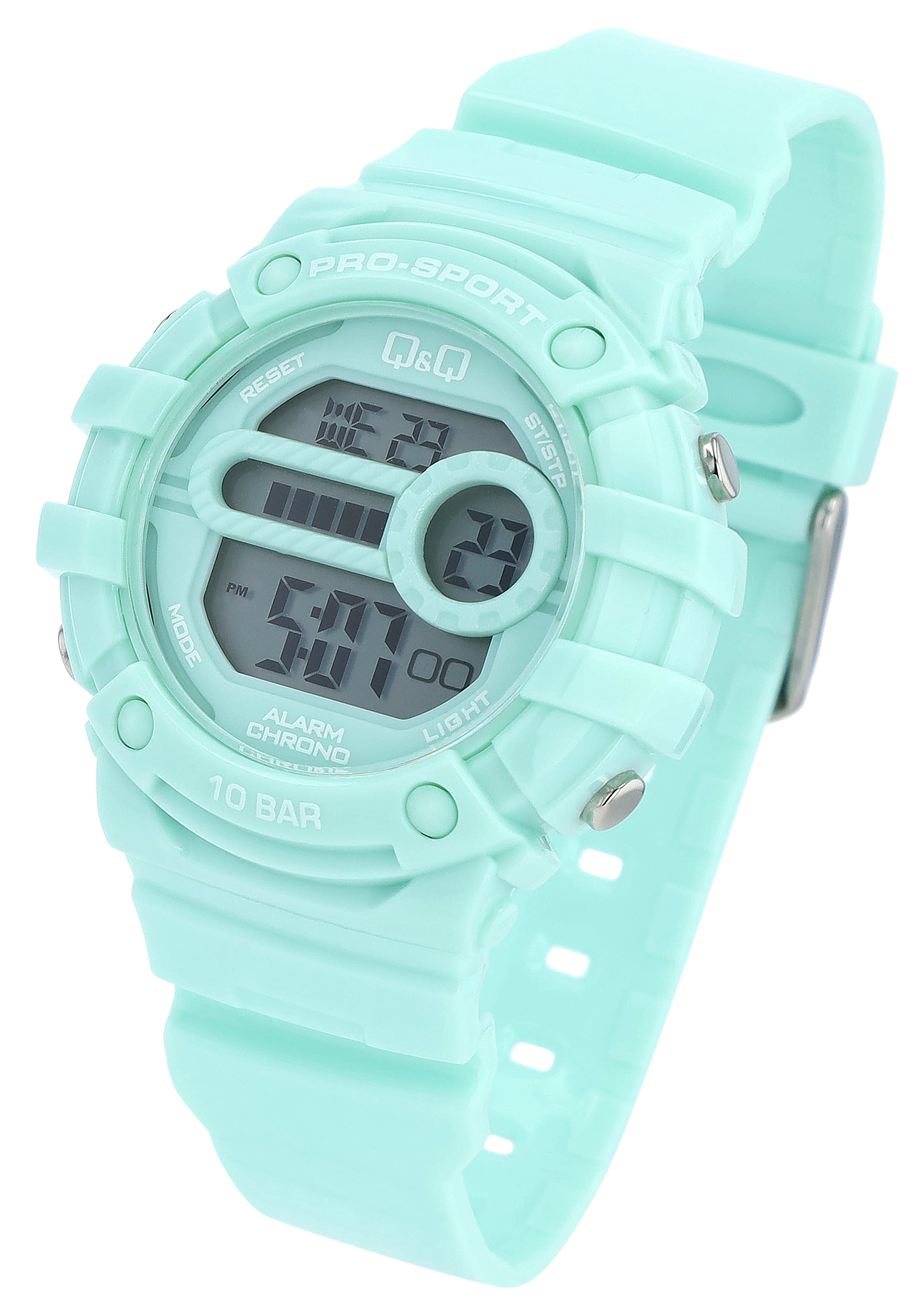 Q&Q Damen Digitaluhr, Kunststoffgehäuse, Silikonband, grün, 10 ATM, Ø 40,5 mm