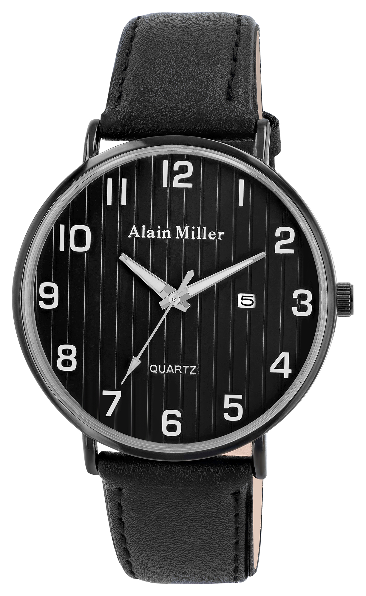 Alain Miller, Herrenuhr, Metall/Edelstahl, Lederimitatband, schwarz, Ø 42 mm