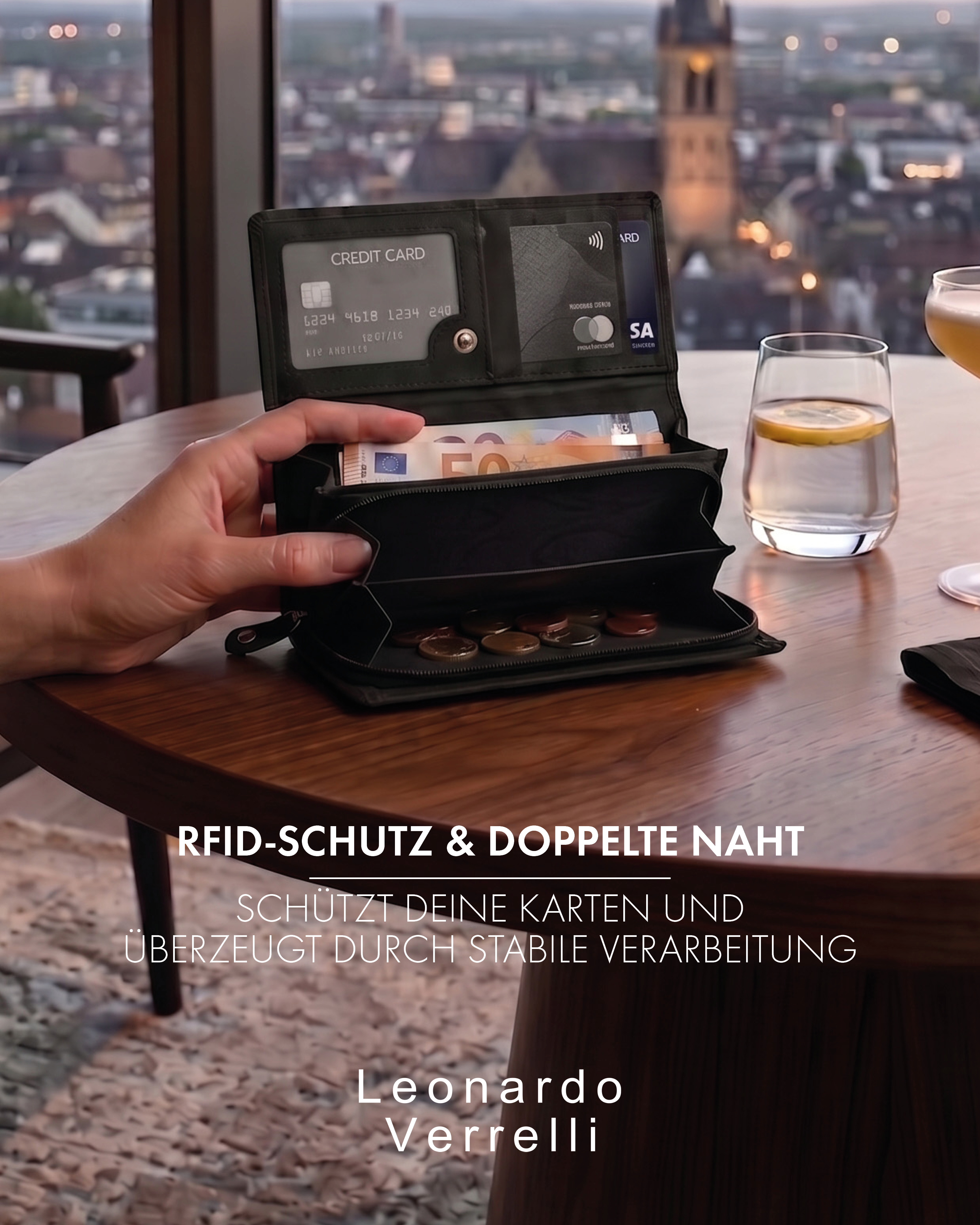 Leonardo Verrelli Echtleder (Hunter) Damen Geldbörse, Querformat, RFID, schwarz
