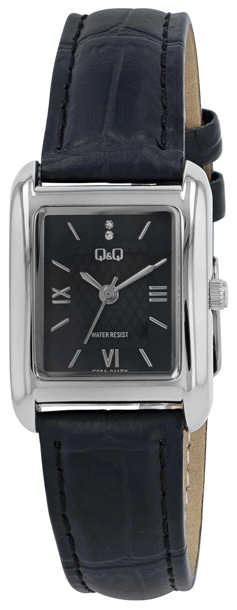 Q&Q Damenuhr (rechteckiges Gehäuse 30 × 22 mm), Lederimitat, schwarz/ silberfarben/ schwarz