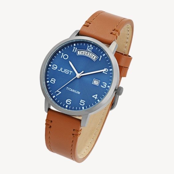 JUST "Fanis" Titan Herrenuhr mit Echtlederarmband, 5 ATM, braun