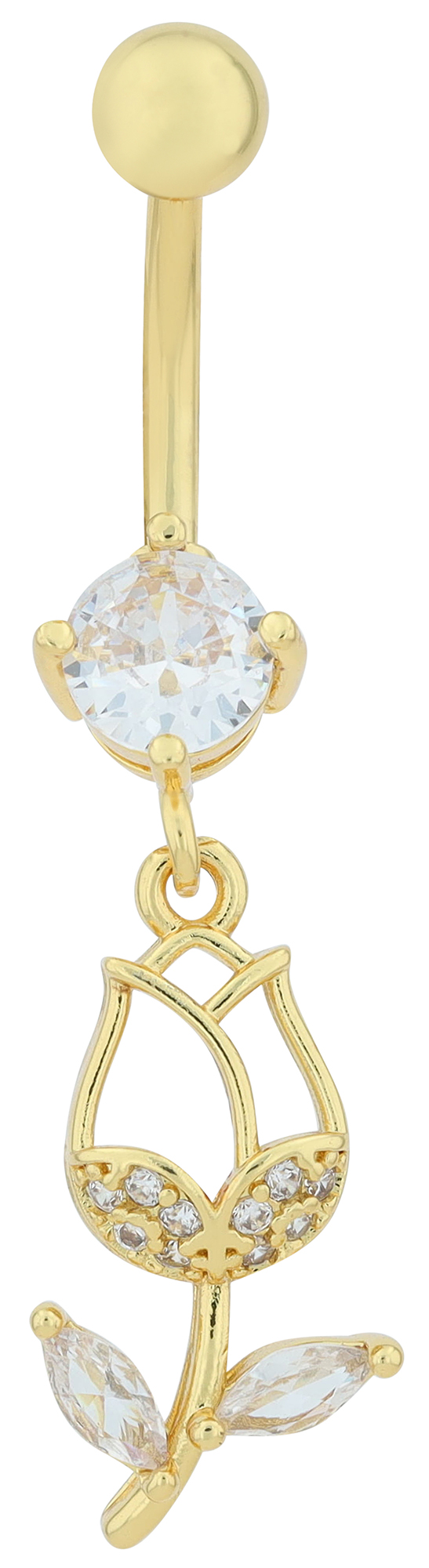 "Tilly" Edelstahl-Bronze Bauchnabelpiercing, Stablänge 12 mm/ Stabstärke 1,8 mm, Blütenanhänger, Zirkonia, goldfarbig