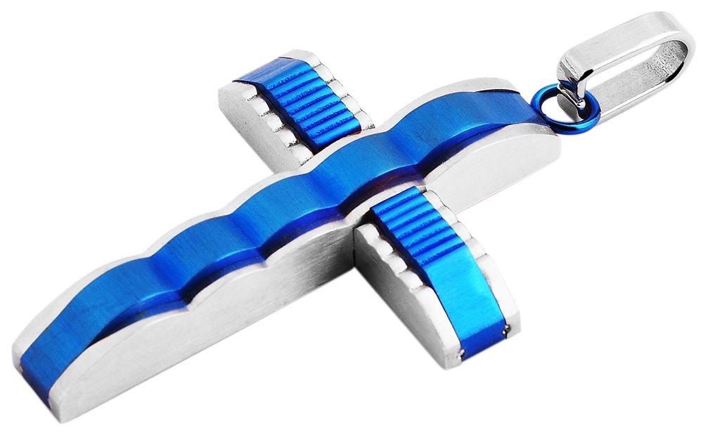Akzent Kreuz Edelstahlanhänger mit IP Beschichtung, silberfarbig und blau