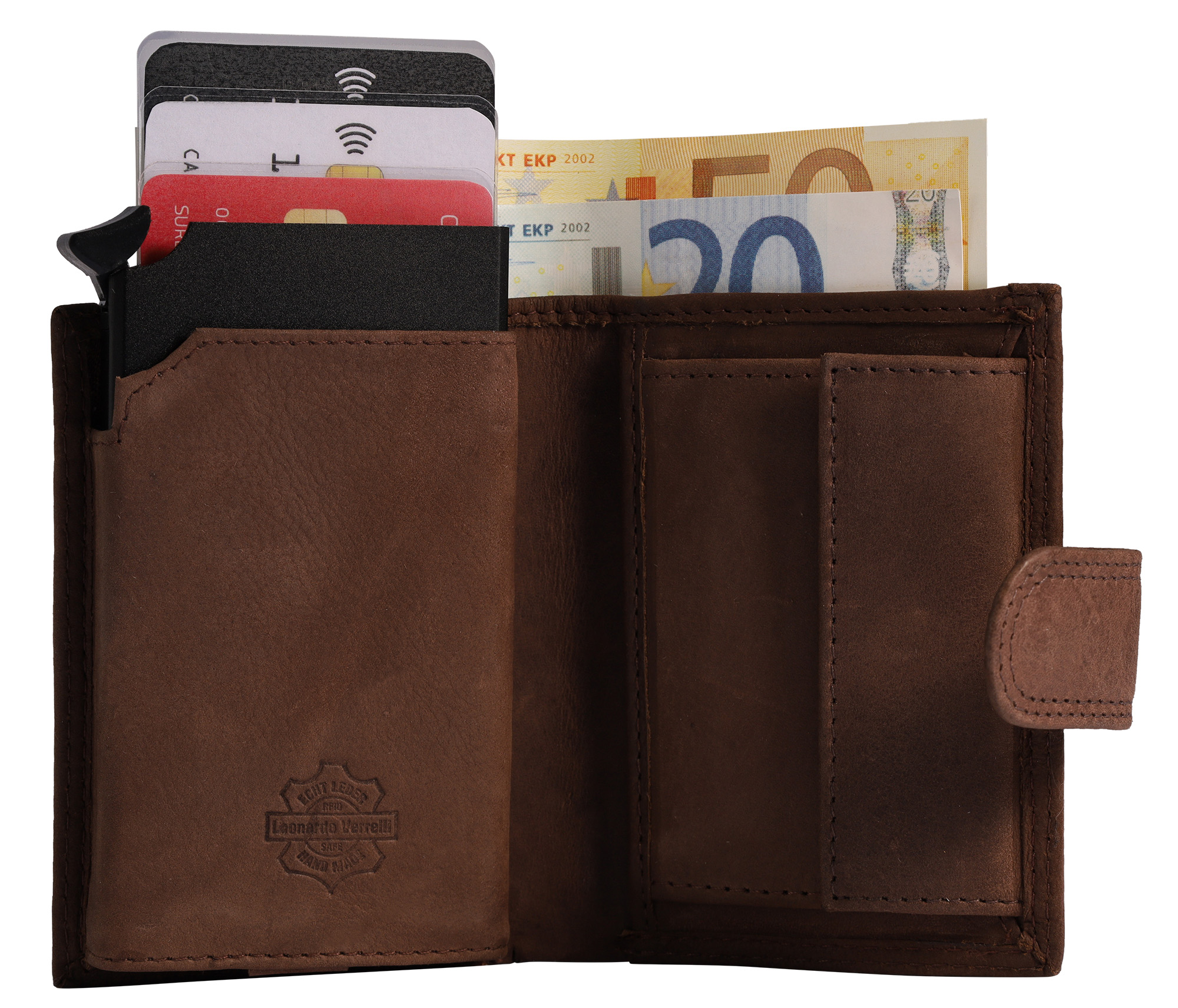 Leonardo Verrelli Echtleder (vintage) Geldbörse mit Pop-up-Kartenhalter, RFID, dunkelbraun