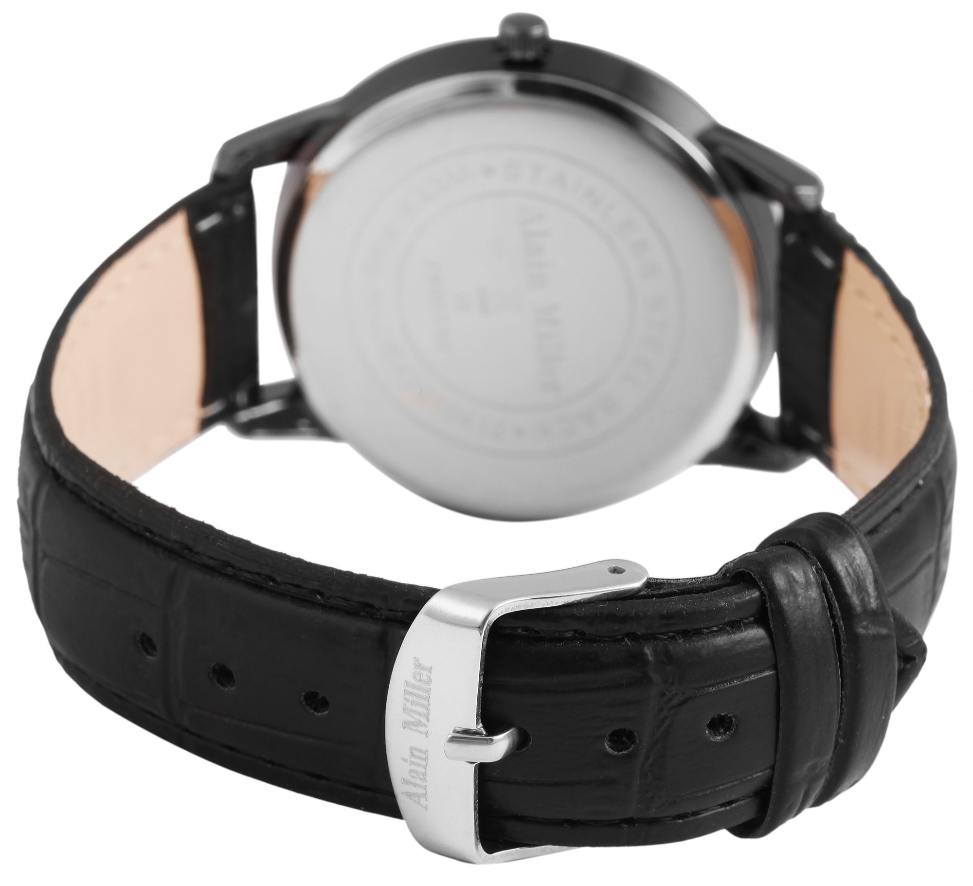Alain Miller Herrenarmbanduhr mit Lederimitationsarmband, schwarz