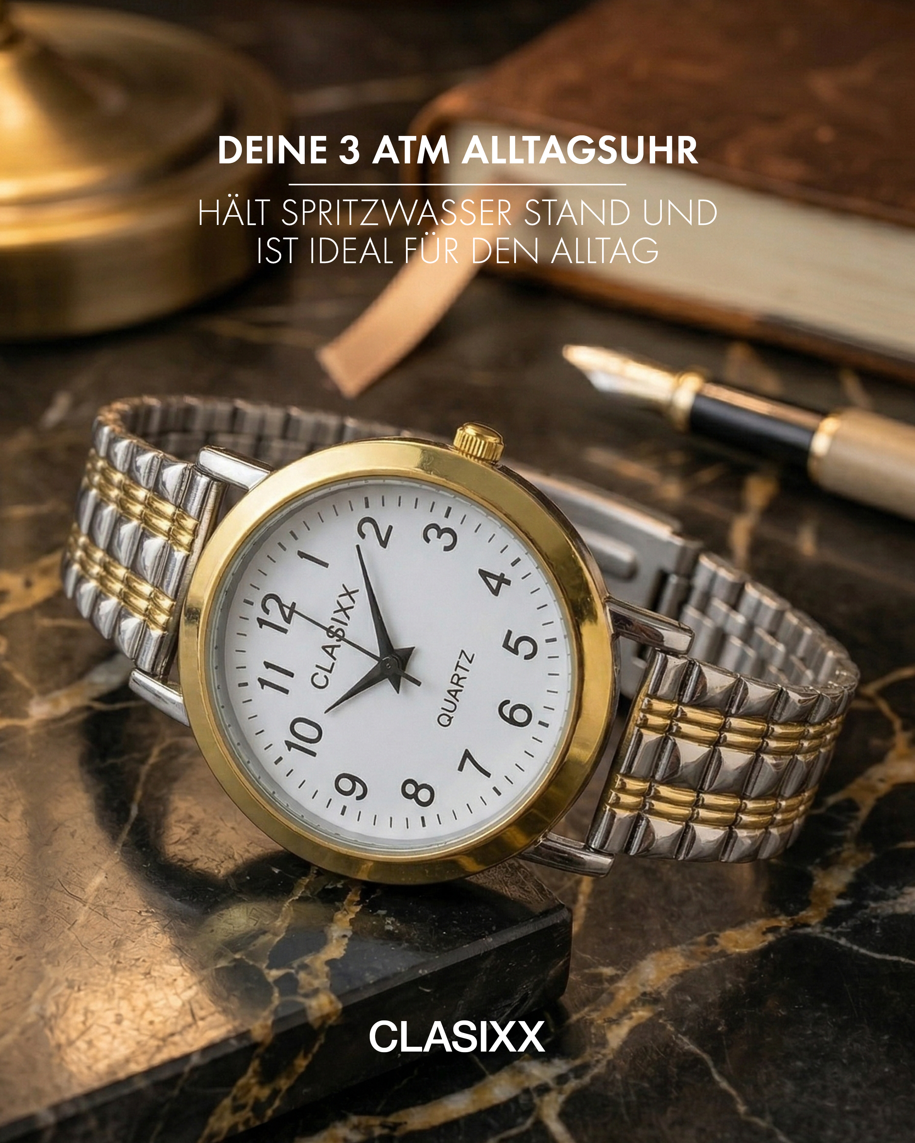 CLASIXX  Damenuhr mit Edelstahl-Zugband, Ø 28 mm, bicolor/ weiß