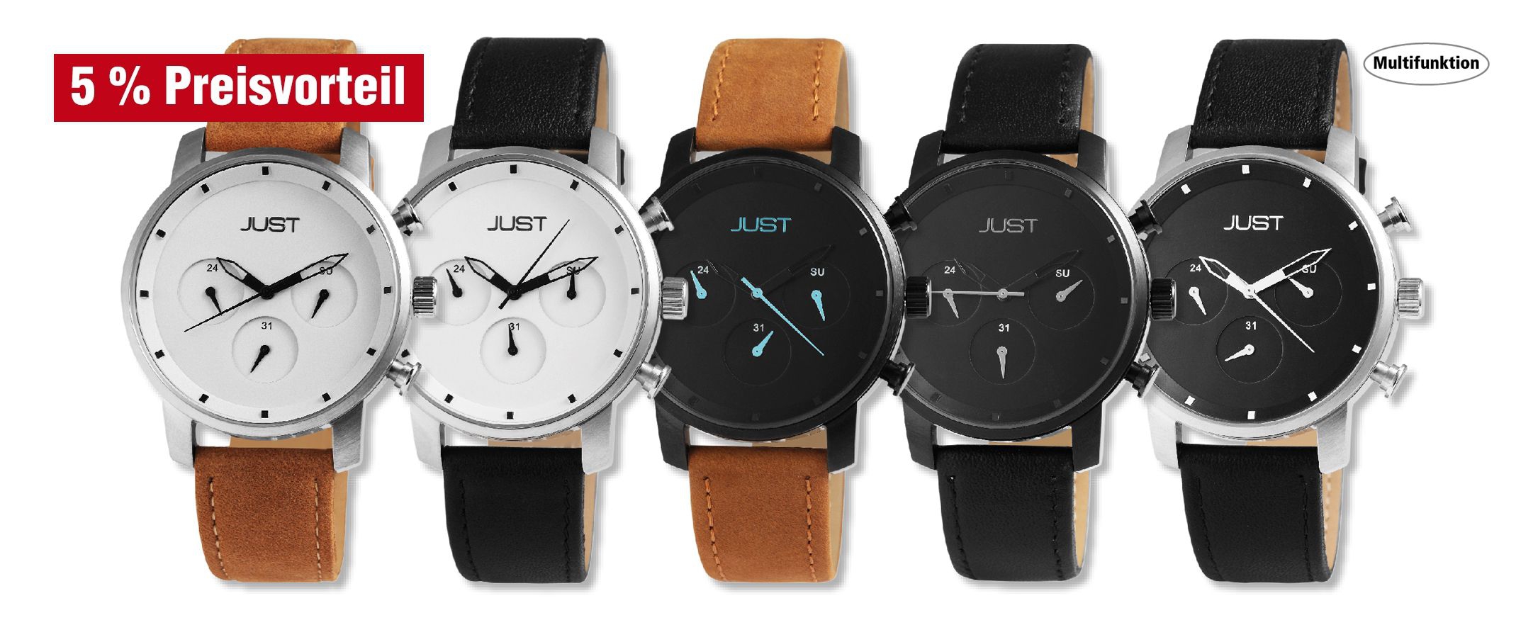 Just Herren Analog Uhren mit Echtlederband im 5er-Set, 5% Preisvorteil