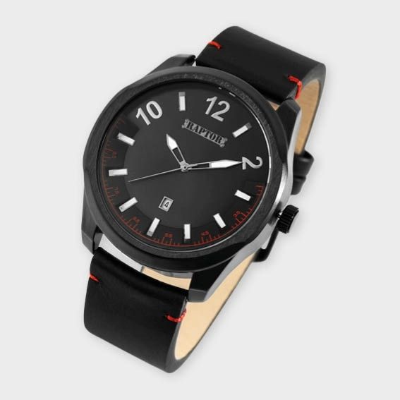 Raptor Herrenuhr "Charley" mit Echtlederarmband, Datumsanzeige, schwarz/rot