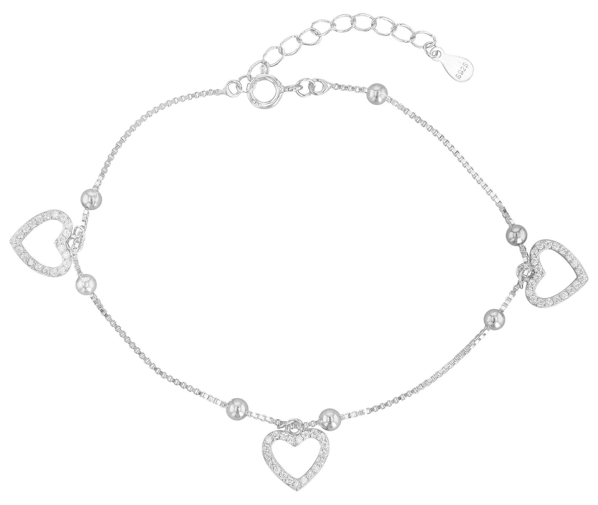 "Cordis", 925/- Echt Silber Armband mit Herzanhängern mit Zirkonia, silberfarben, rhodiniert