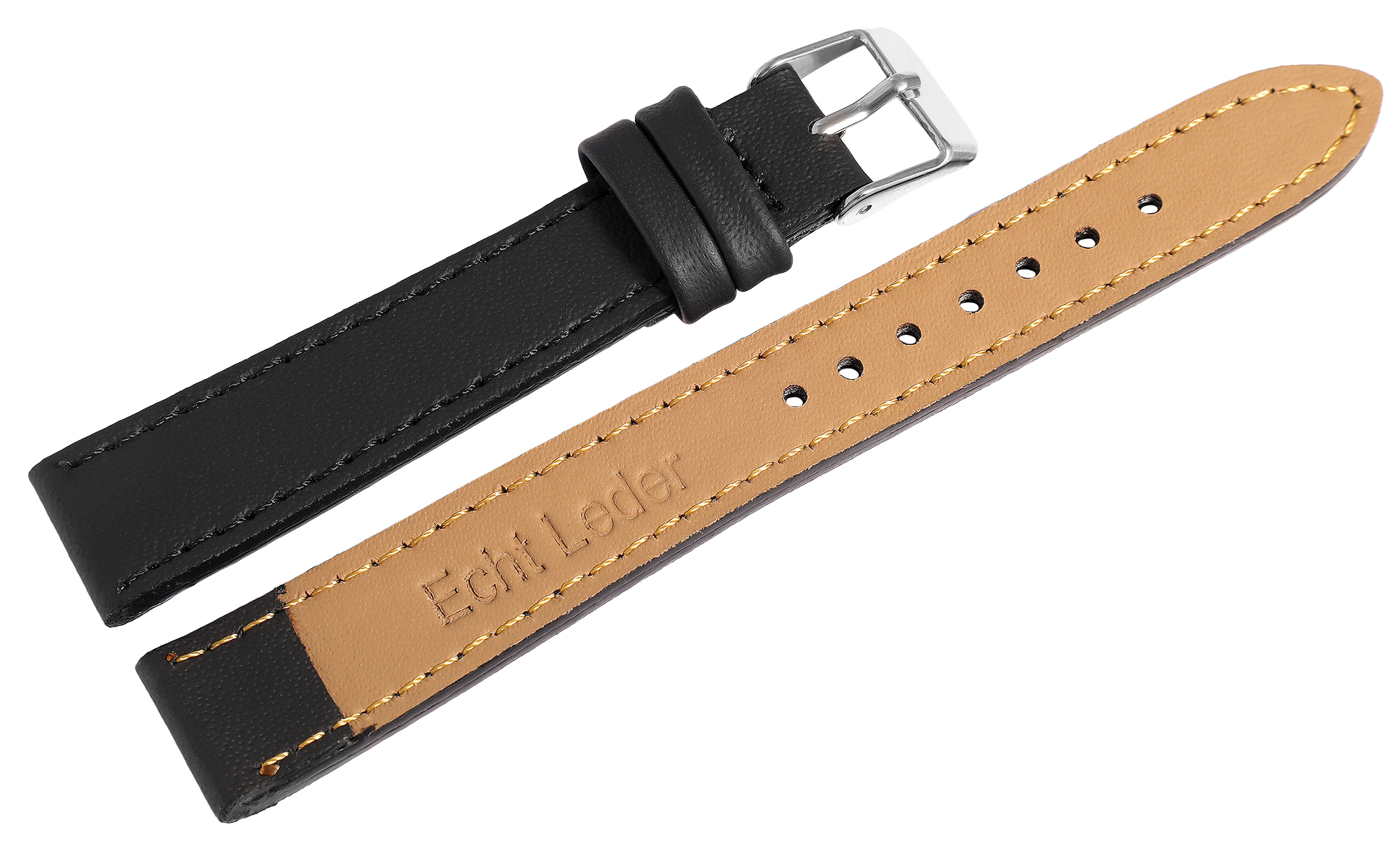Echtleder Uhrenarmband, schwarz, flach, VE-6, 14 mm