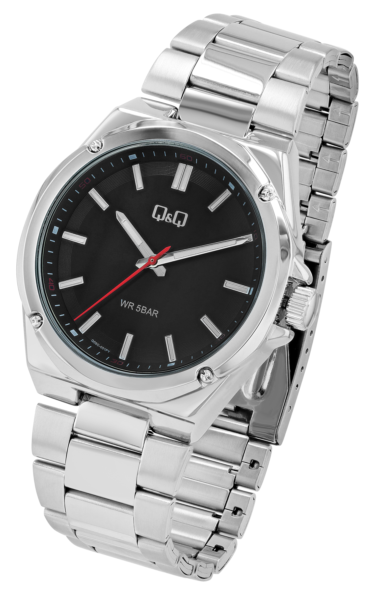 Q&Q Herrenuhr mit Edelstahlband, Ø 42 mm, silberfarben/ schwarz
