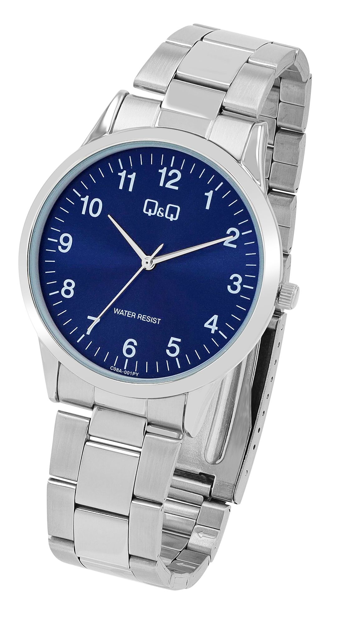 Q&Q Herrenuhr, Gliederarmband, Edelstahl, silberfarben/blau, 3 ATM, Ø 40 mm
