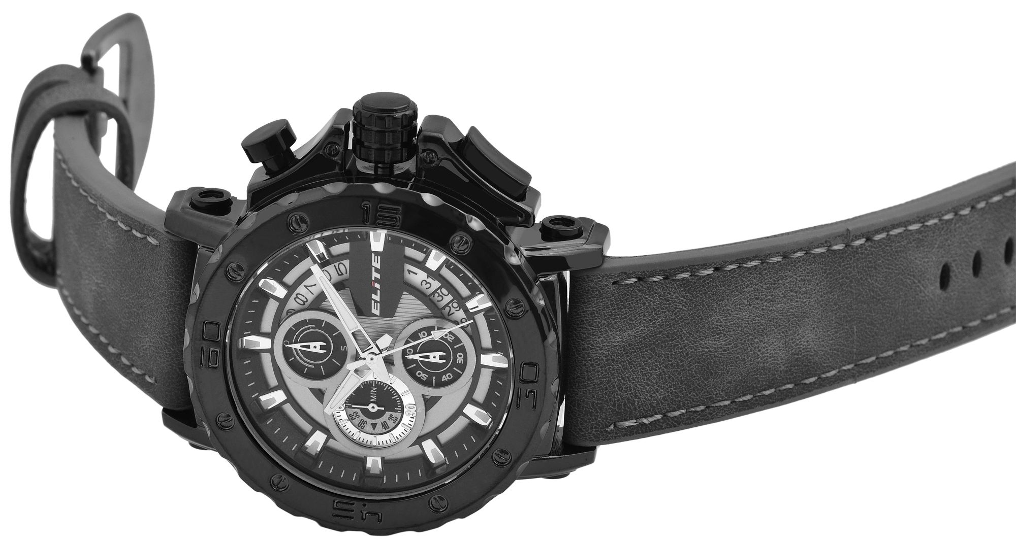 ELITE Herrenchronograph mit Lederimitationsarmband in grau/schwarz