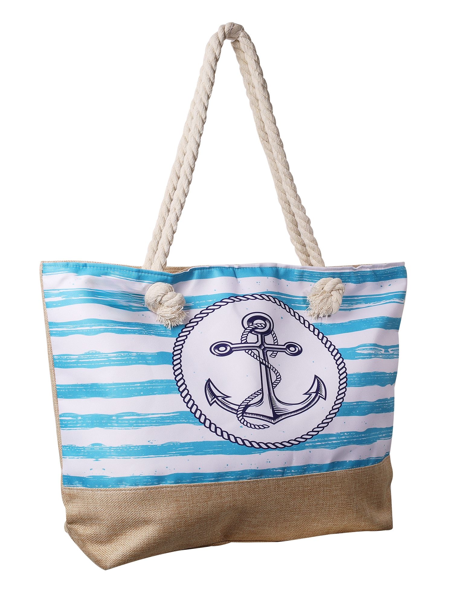 Strandtasche mit maritimen Motiven, hellblau/weiß gestreift