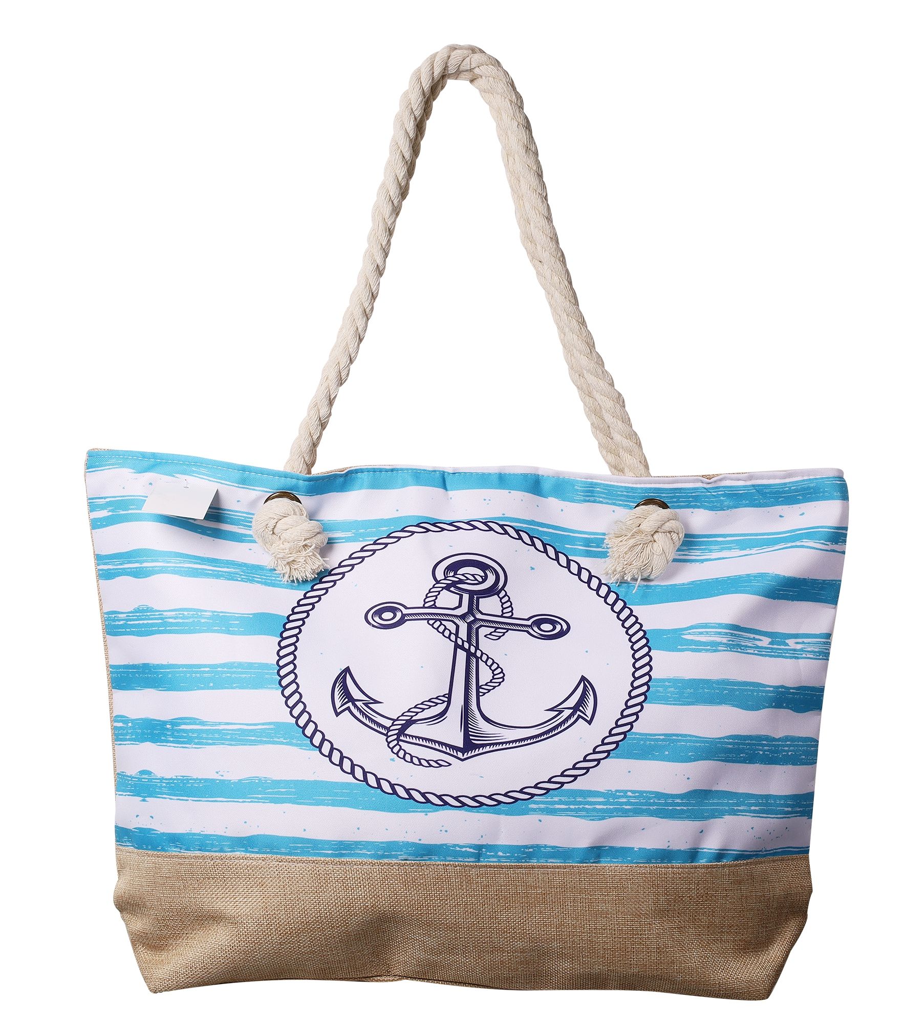 Strandtasche mit maritimen Motiven, hellblau/weiß gestreift