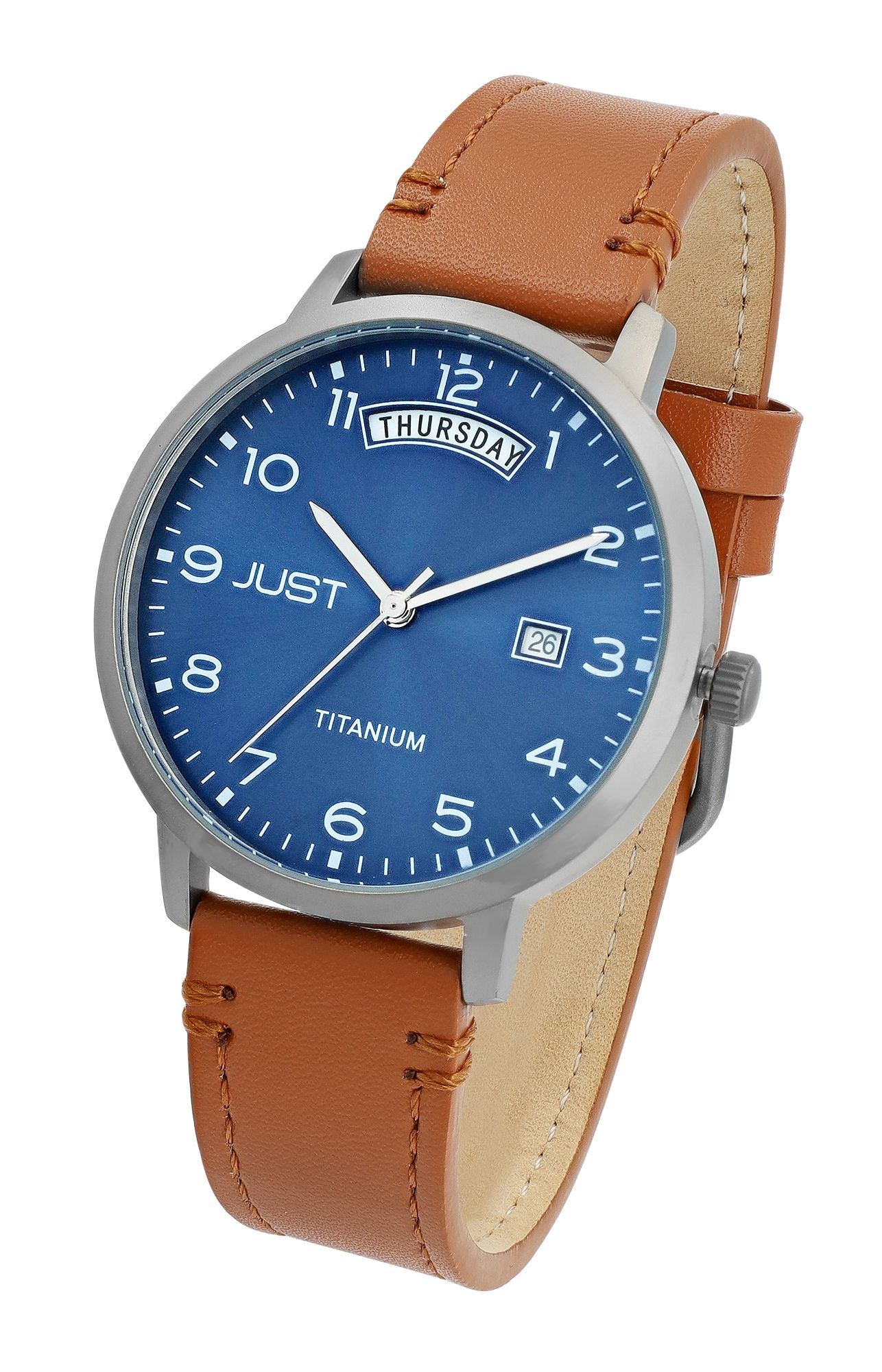 JUST "Fanis" Titan Herrenuhr mit Echtlederarmband, 5 ATM, braun
