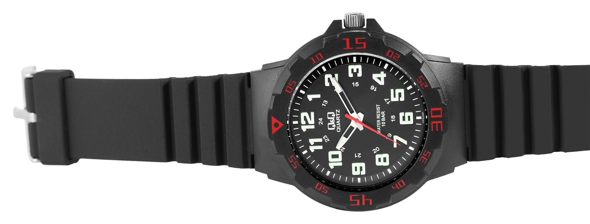 Q&Q Herrenuhr mit Silikonarmband, Ø 43 mm, schwarz/ rote Details
