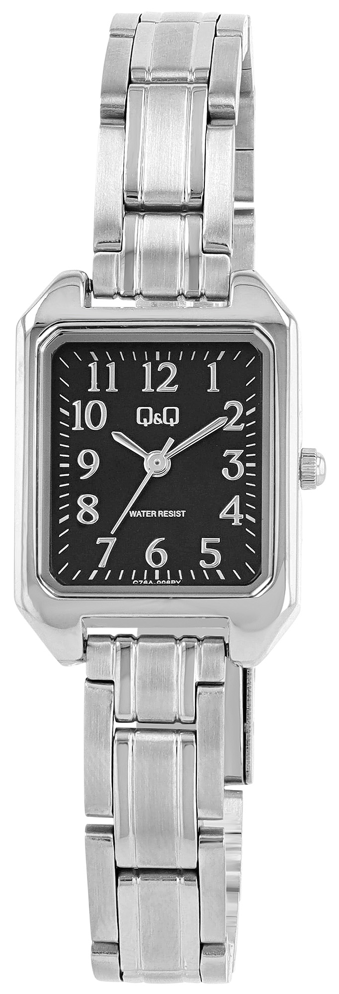 Q&Q Damenuhr (rechteckiges Gehäuse 28,5 × 20 mm), Edelstahlband, silberfarben/ schwarz