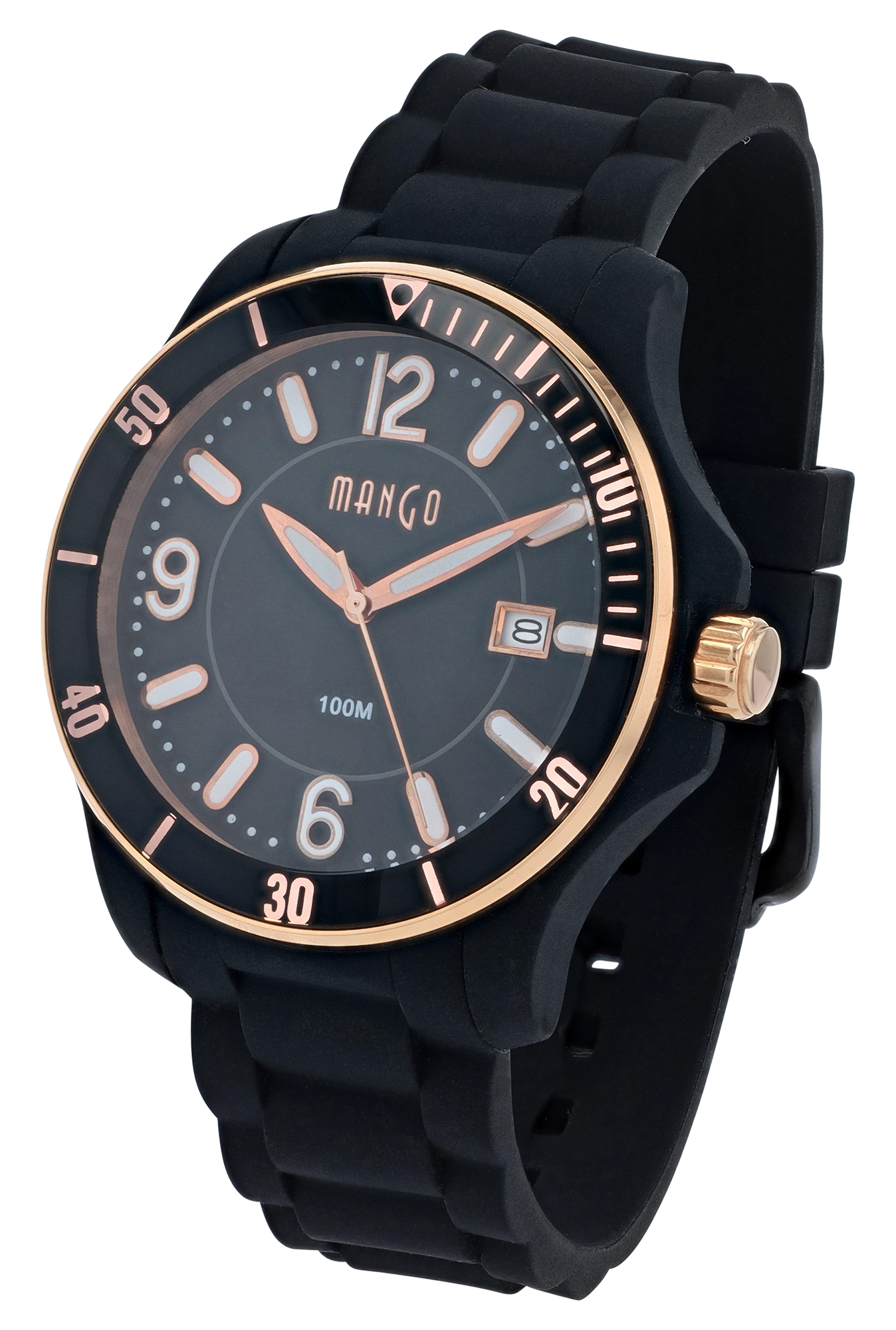 Mango Uhren Ø 41 mm, Silikonband, schwarz/ rosegoldfarben