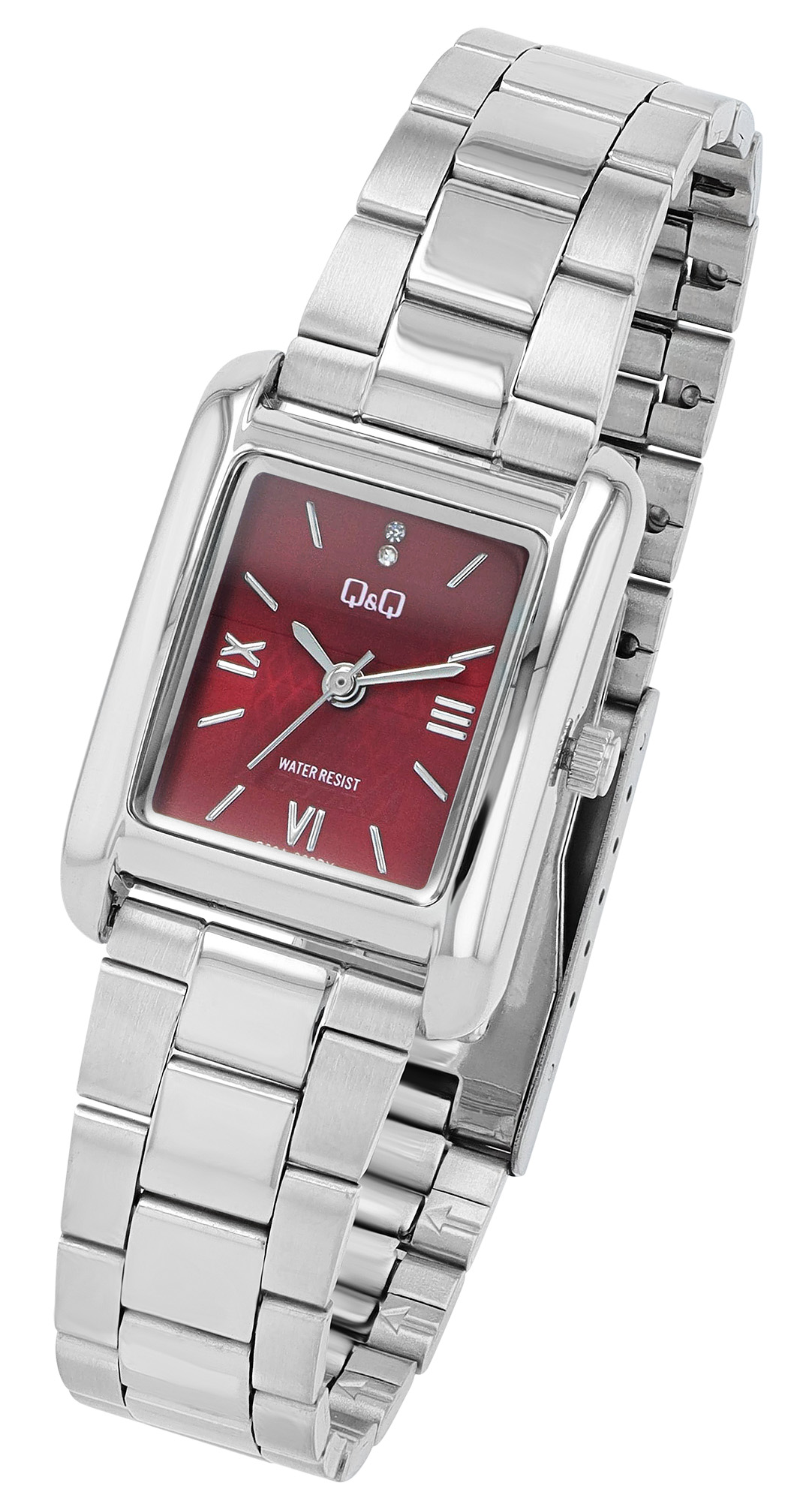 Q&Q Damenuhr (rechteckiges Gehäuse 30 × 22 mm), Edelstahlband, silberfarben/ rot