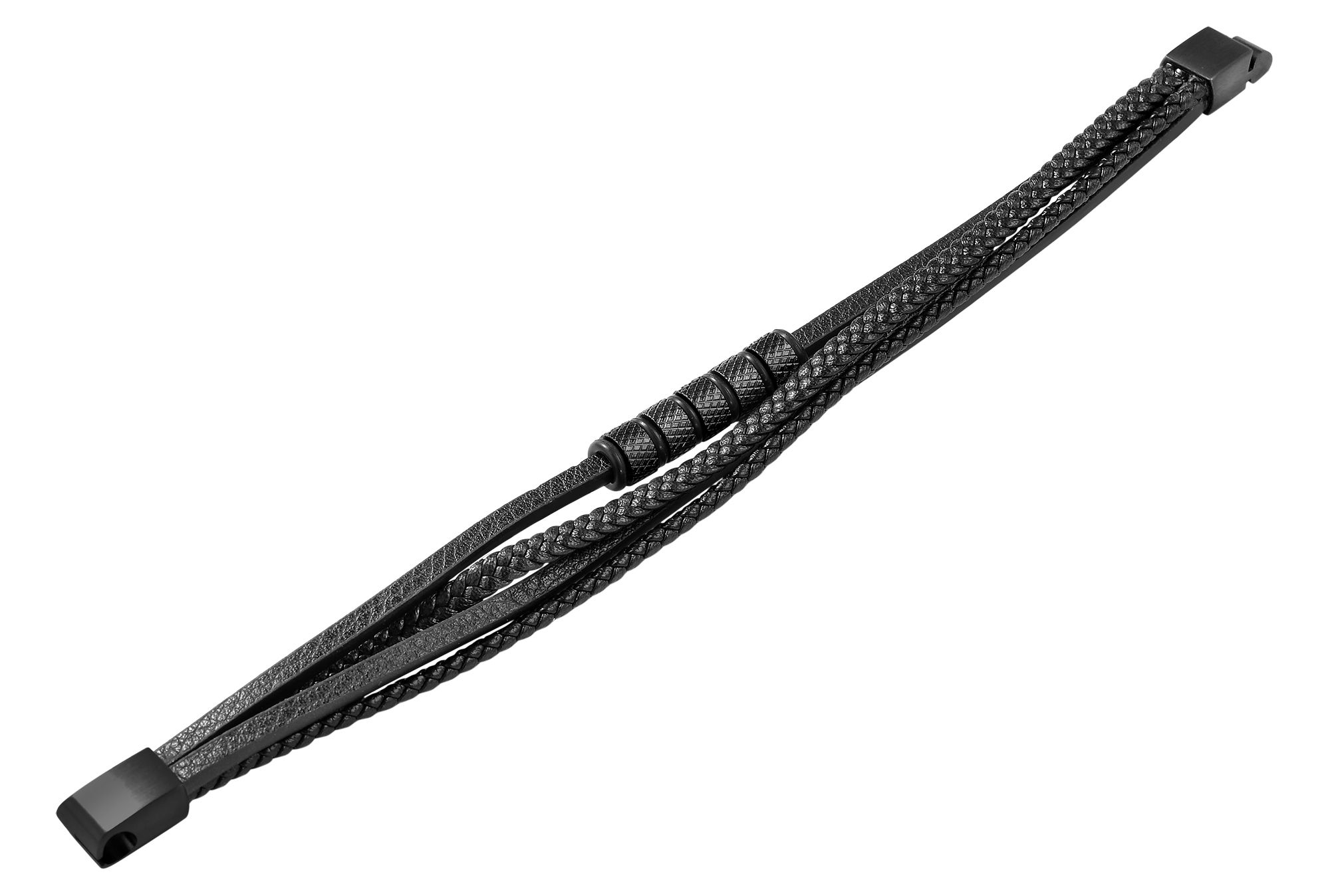 "Owen" Armband aus Lederimitat mit Edelstahlelementen, Ionenplattiert, schwarz, 19 cm