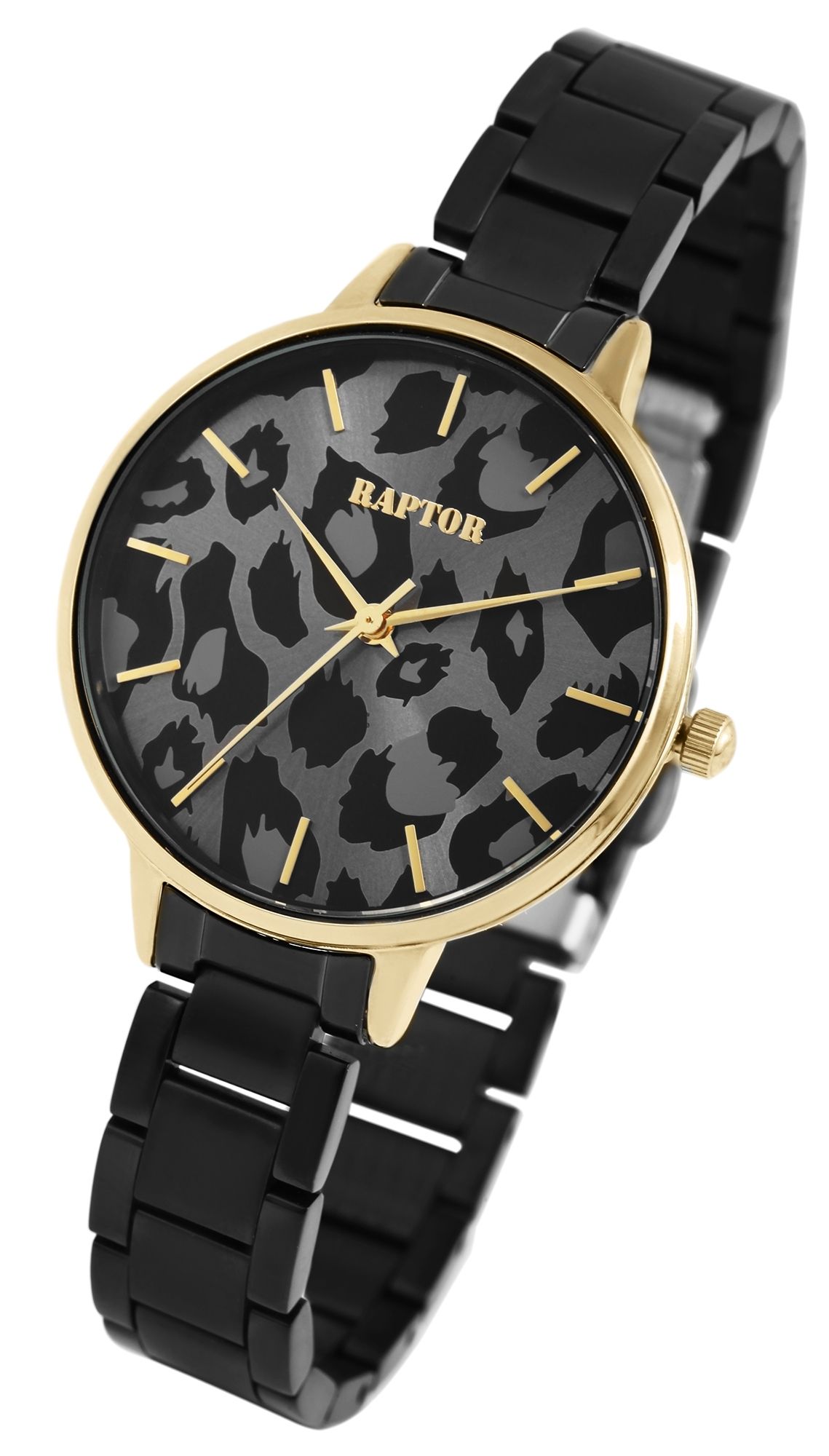 Raptor Damenuhr "Wild" mit Edelstahlarmband, Leoprint, schwarz/goldfarben