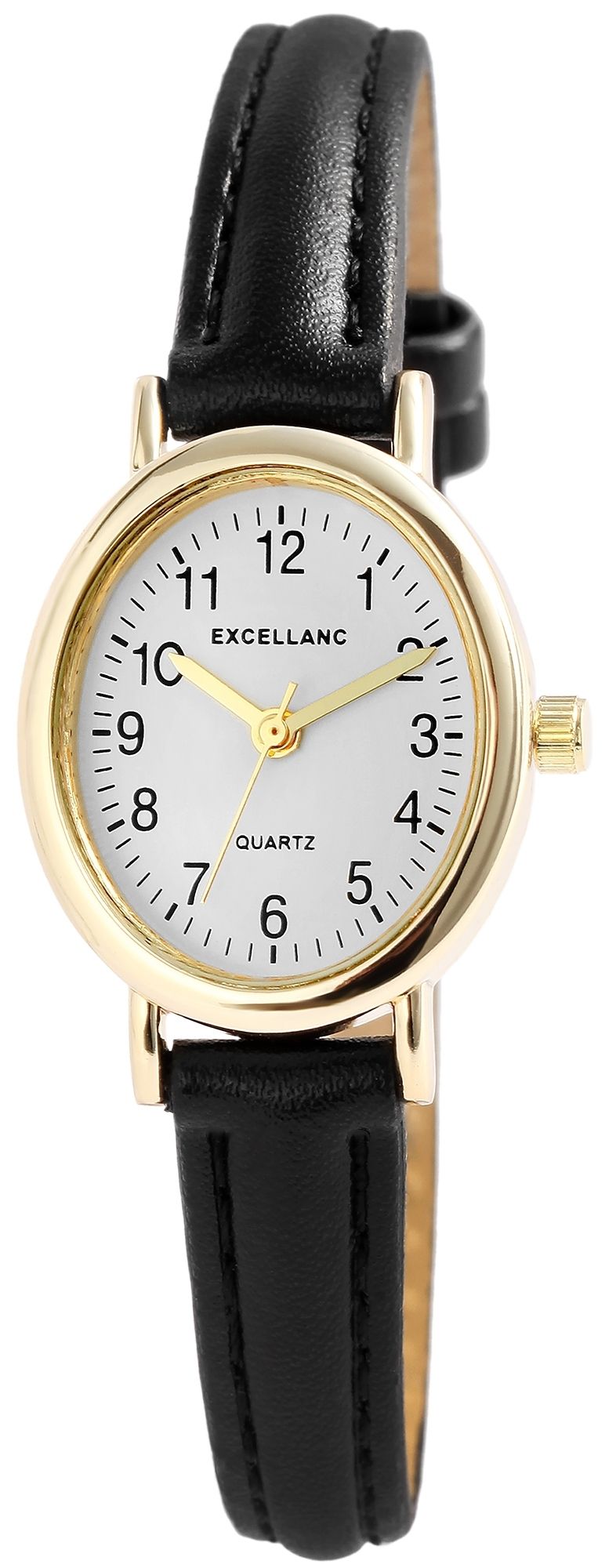 Excellanc ovale Damenuhr, Lederimitatband, schwarz/ goldfarben/ weiß