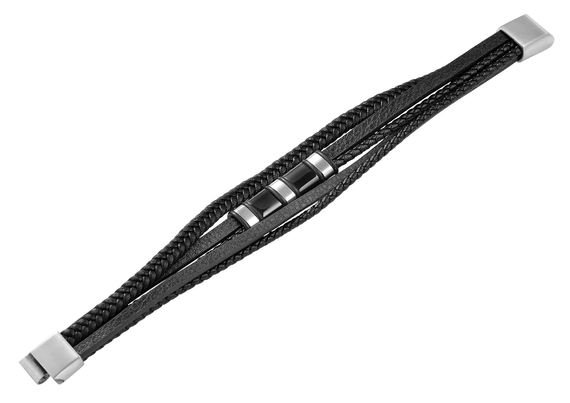 "Ansor", Akzent Armband, Lederimitat & Edelstahl, schwarz/silberfarben, 21 cm