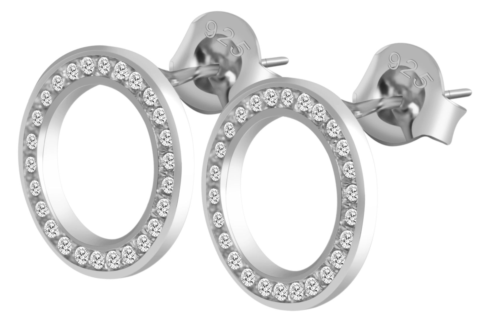 925/- Echt Silber Ohrstecker "Florence", Zirkoniabesatz, rund, rhodiniert